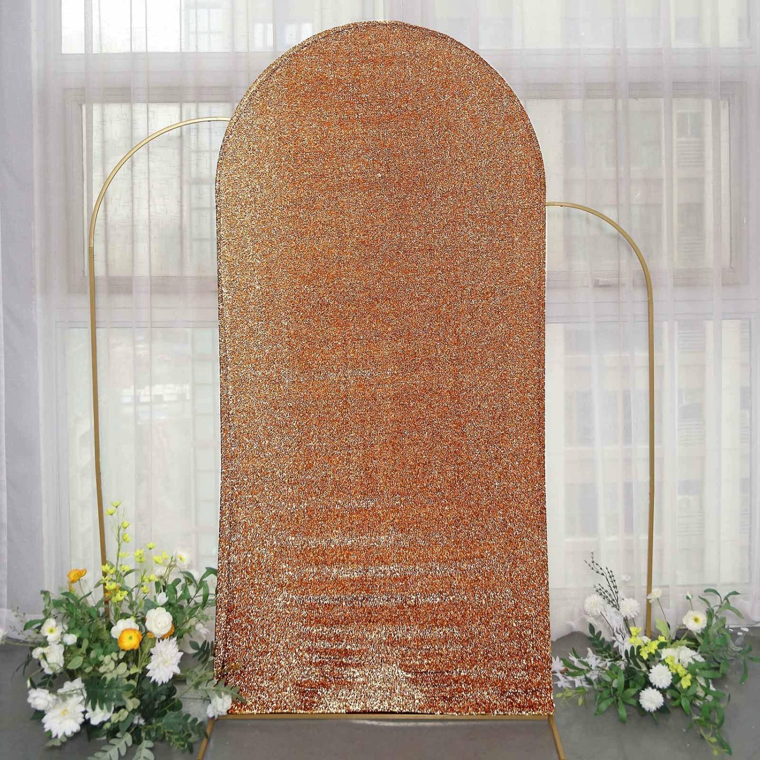 Arch Covers | Antique Gold Shimmer Tinsel Spandex Wedding Arch Cover For Fitted Round Top Chiara Backdrop Stand 7ft Arch Covers Antique Gold