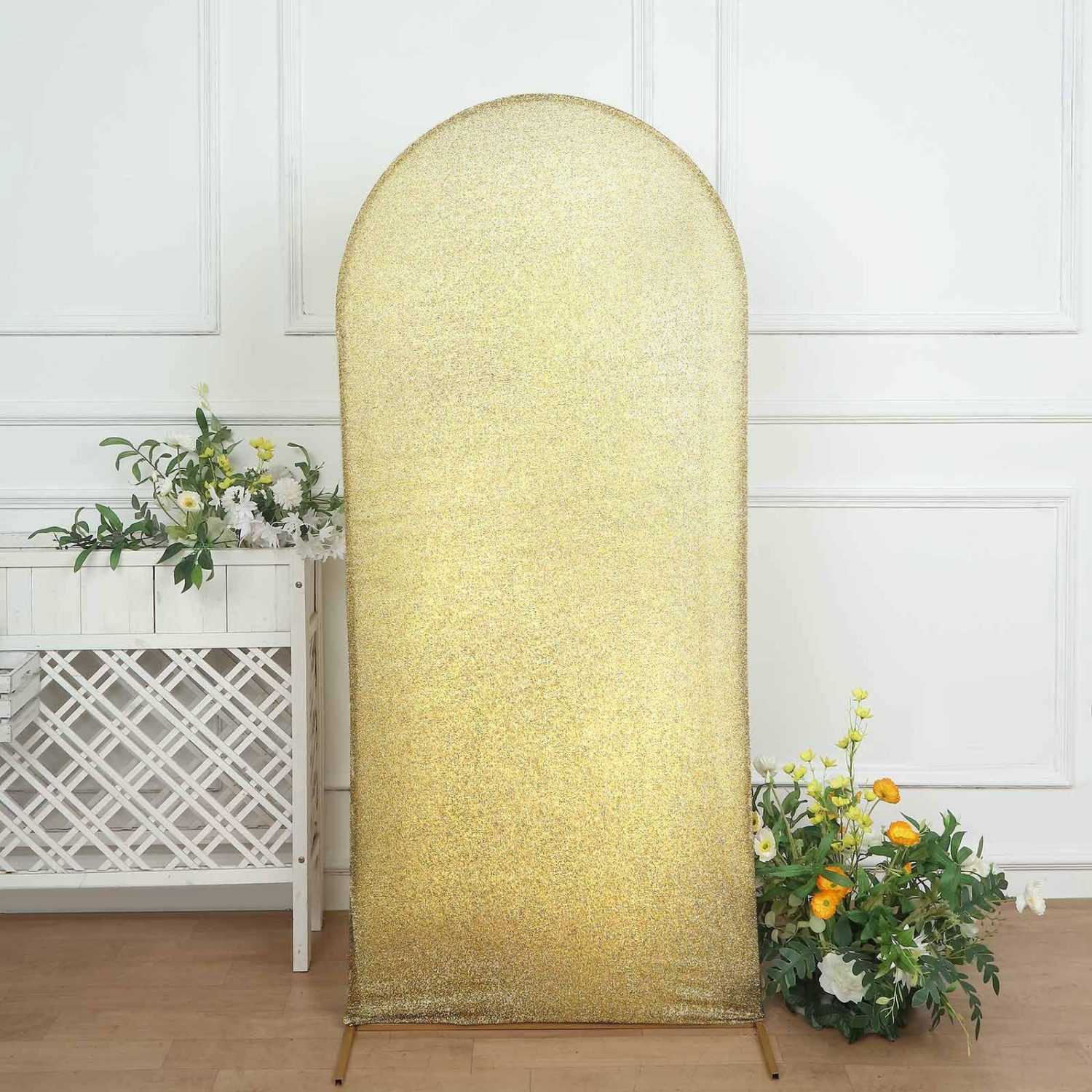 Arch Covers | Champagne Shimmer Tinsel Spandex Wedding Arch Cover For Fitted Round Top Chiara Backdrop Stand 6ft Arch Covers Arch Covers