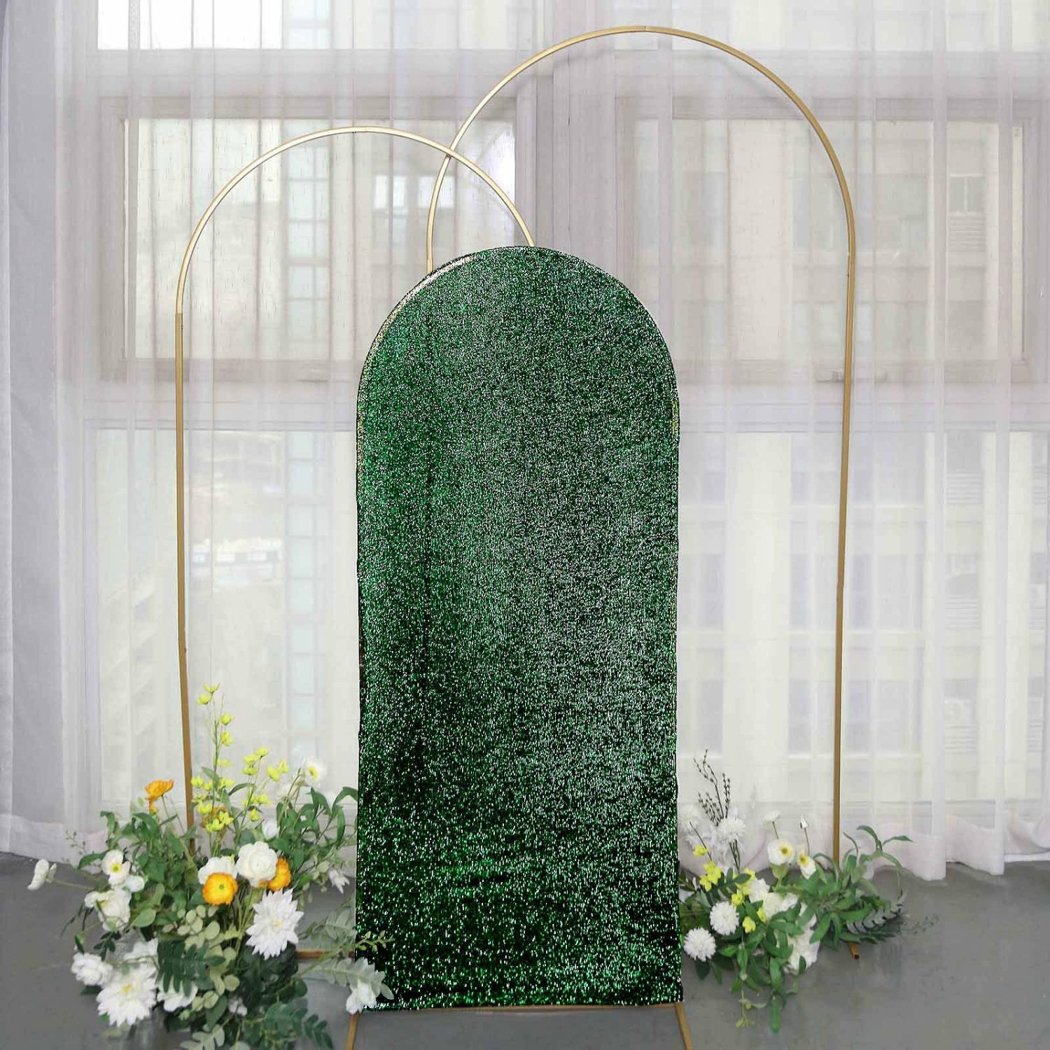 Arch Covers | Hunter Emerald Green Shimmer Tinsel Spandex Wedding Arch Cover For Fitted Round Top Chiara Backdrop Stand 5ft Arch Covers Arch Covers