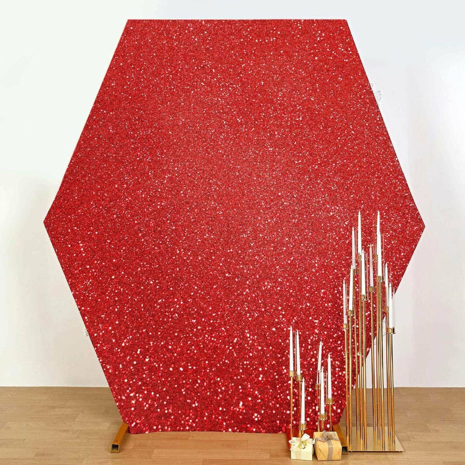 Arch Covers | Red Metallic Shimmer Tinsel Spandex Hexagon Backdrop, 2-Sided Wedding Arch Cover 8ftx7ft Arch Covers Arch Covers