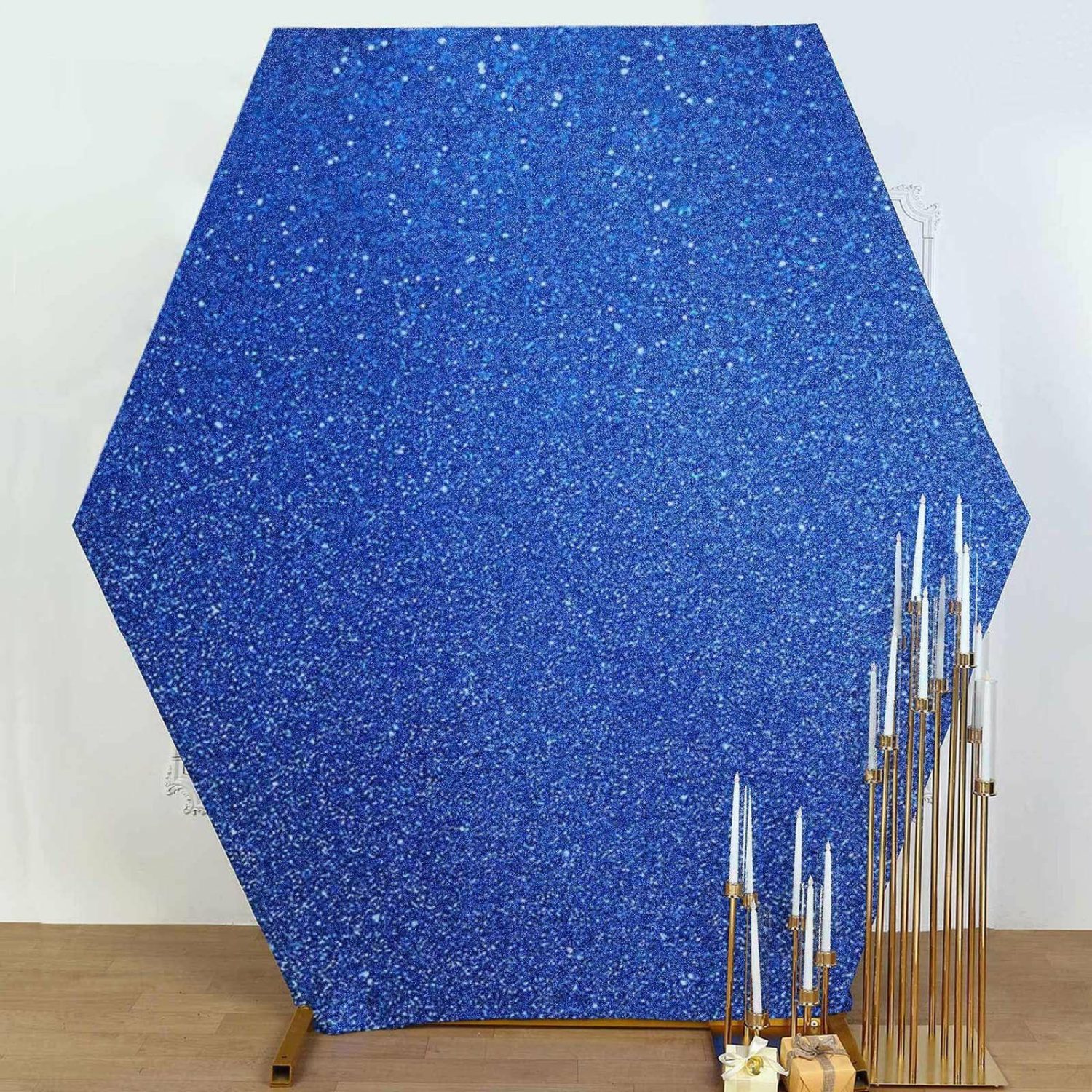 Arch Covers | Royal Blue Metallic Shimmer Tinsel Spandex Hexagon Backdrop, 2-Sided Wedding Arch Cover 8ftx7ft Arch Covers Arch Covers