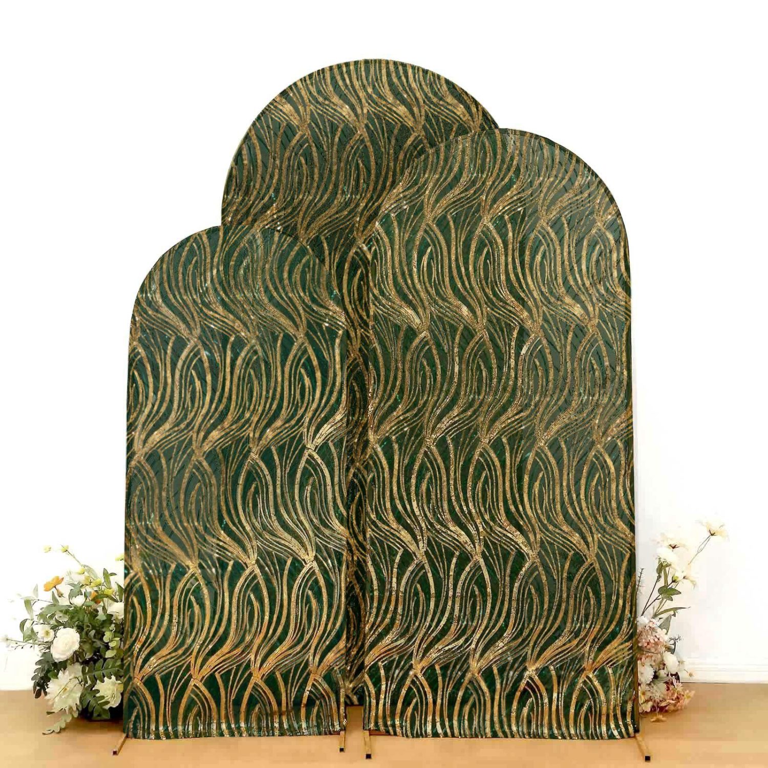 Arch Covers | Set of 3 Hunter Emerald Green Wave Mesh Chiara Backdrop Stand Covers With Gold Embroidered Sequins, Fitted Covers For Round Top Wedding Arches – 5ft,6ft,7ft Arch Covers Arch Covers