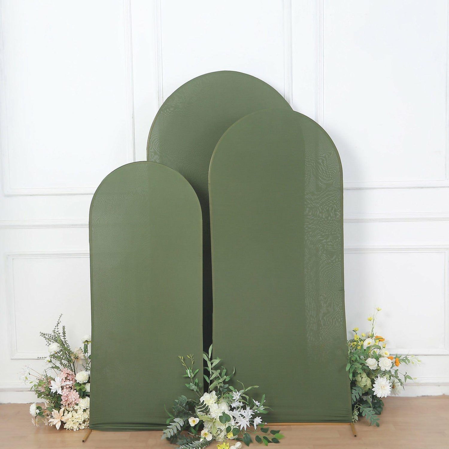 Arch Covers | Set of 3 Matte Olive Green Spandex Fitted Wedding Arch Covers For Round Top Chiara Backdrop Stands 5ft, 6ft, 7ft Arch Covers Arch Covers