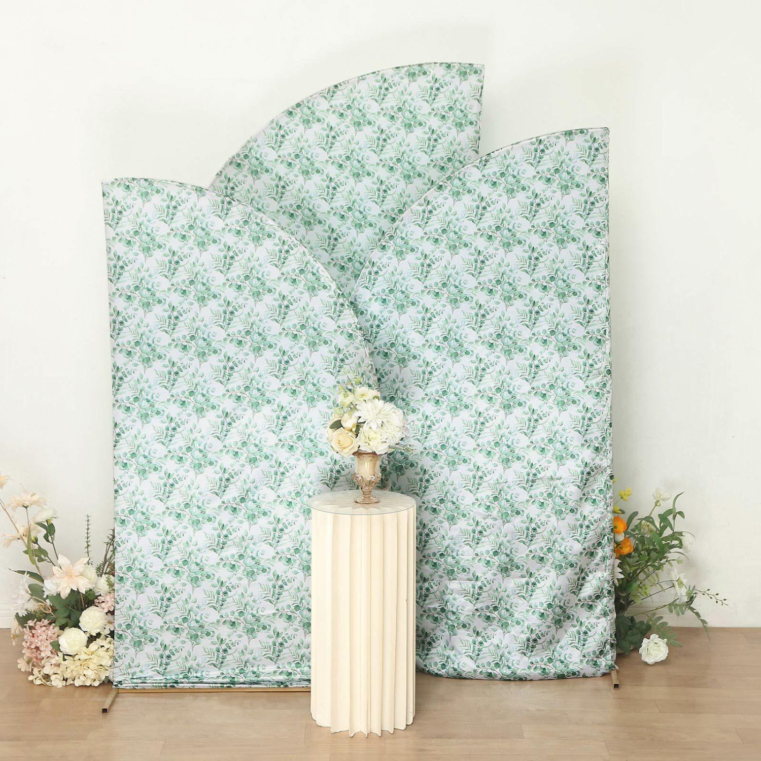 Arch Covers | Set of 3 White Green Satin Chiara Backdrop Stand Covers With Eucalyptus Leaves Print, Fitted Covers For Half Moon Wedding Arches 5ft, 6ft, 7ft Arch Covers Arch Covers