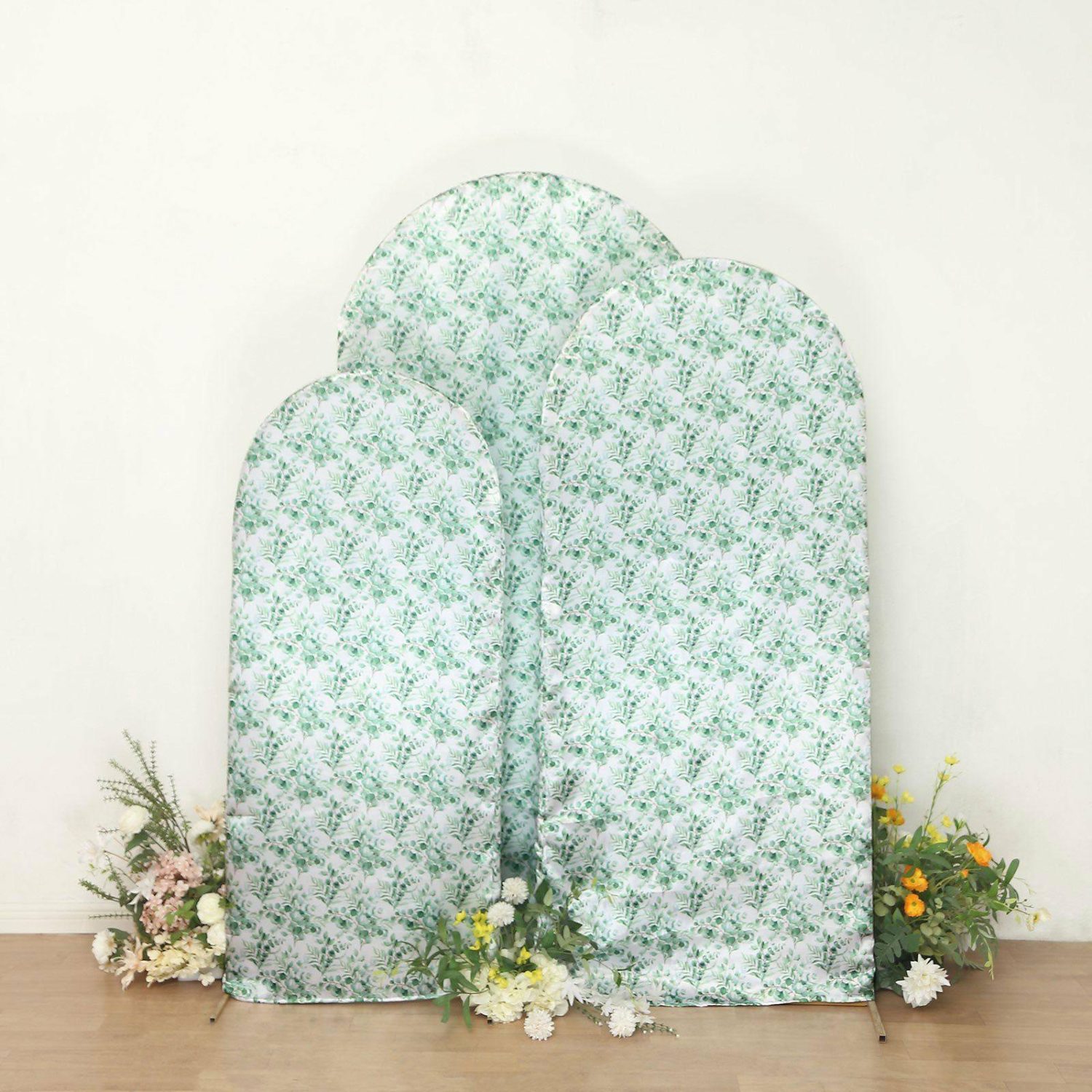 Arch Covers | Set of 3 White Green Satin Chiara Backdrop Stand Covers With Eucalyptus Leaves Print, Fitted Covers For Round Top Wedding Arches – 5ft,6ft,7ft Arch Covers Arch Covers