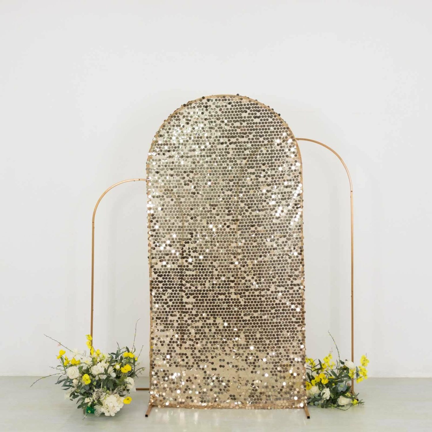 Arch Covers | Sparkly Champagne Big Payette Sequin Fitted Chiara Backdrop Stand Cover for Round Top Wedding Arch – 7ft Arch Covers Arch Covers