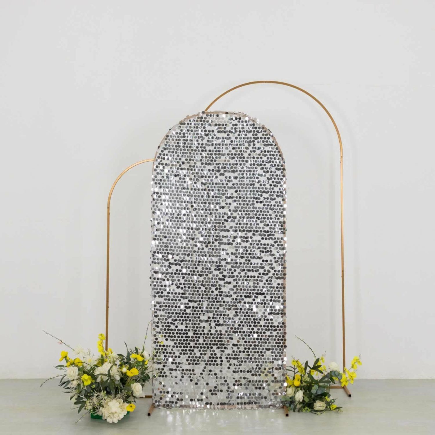 Arch Covers | Sparkly Silver Big Payette Sequin Fitted Chiara Backdrop Stand Cover for Round Top Wedding Arch – 6ft Arch Covers Arch Covers