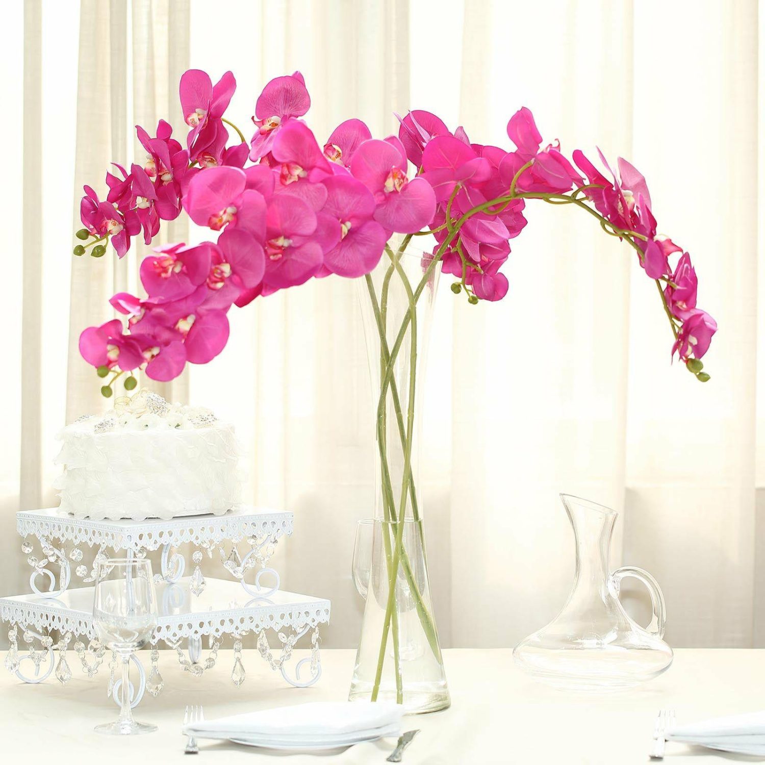 Artificial Long Stem | 2 Stems Fuchsia Artificial Silk Orchid Flower Bouquets 40″ Tall Artificial Flowers Artificial Long Stem