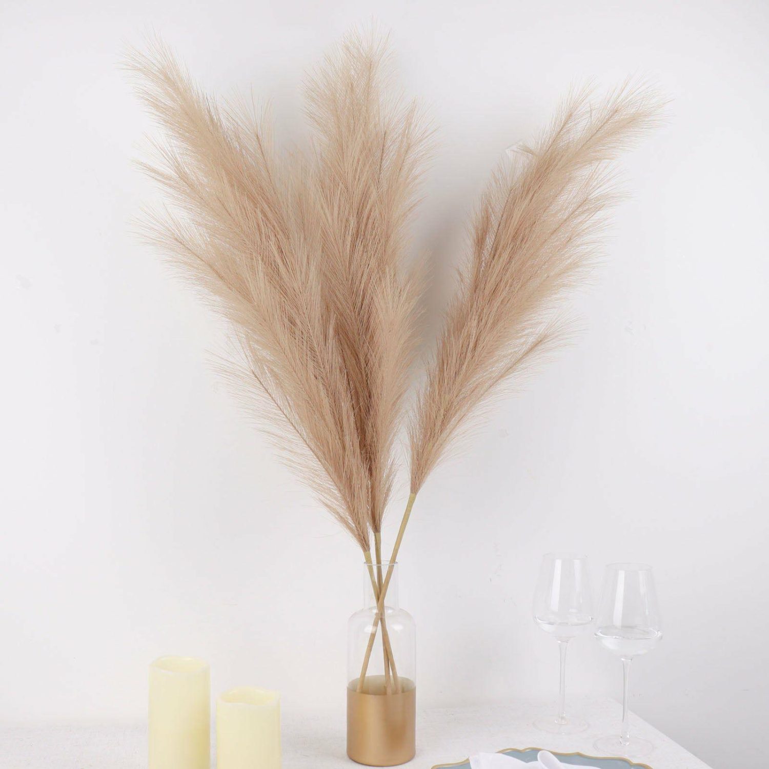 Artificial Long Stem | 3 Stems Taupe Artificial Pampas Grass Plant Sprays, Faux Branches Vase Flower Arrangement 44″ Artificial Flowers Artificial Long Stem