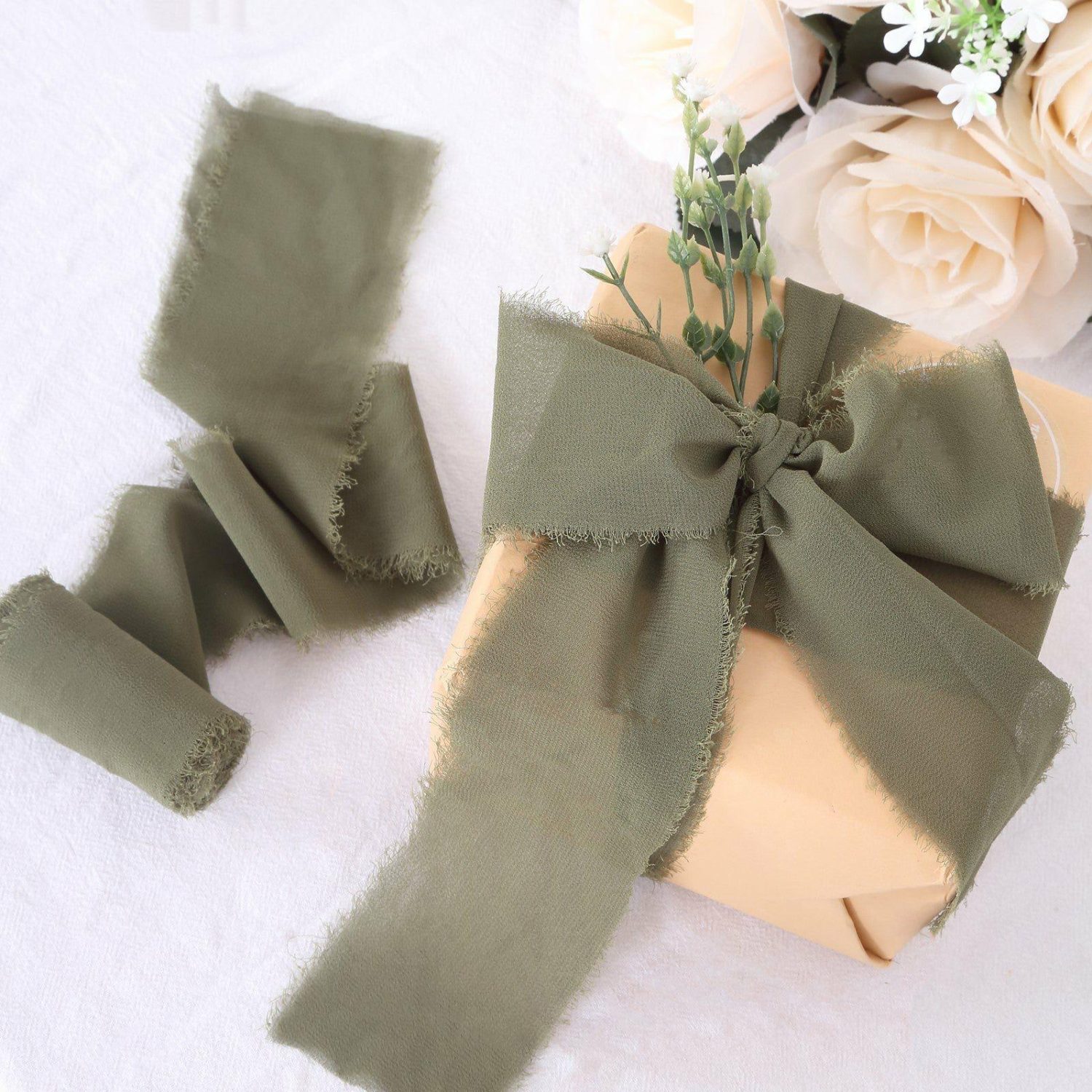 Bouquet Ribbons & Brooches | 2 Pack Dusty Sage Green Silk-Like Chiffon Linen Ribbon Roll For Bouquets, Wedding Invitations Gift Wrapping 6yd Bouquet Ribbons & Brooches Bouquet Ribbons & Brooches