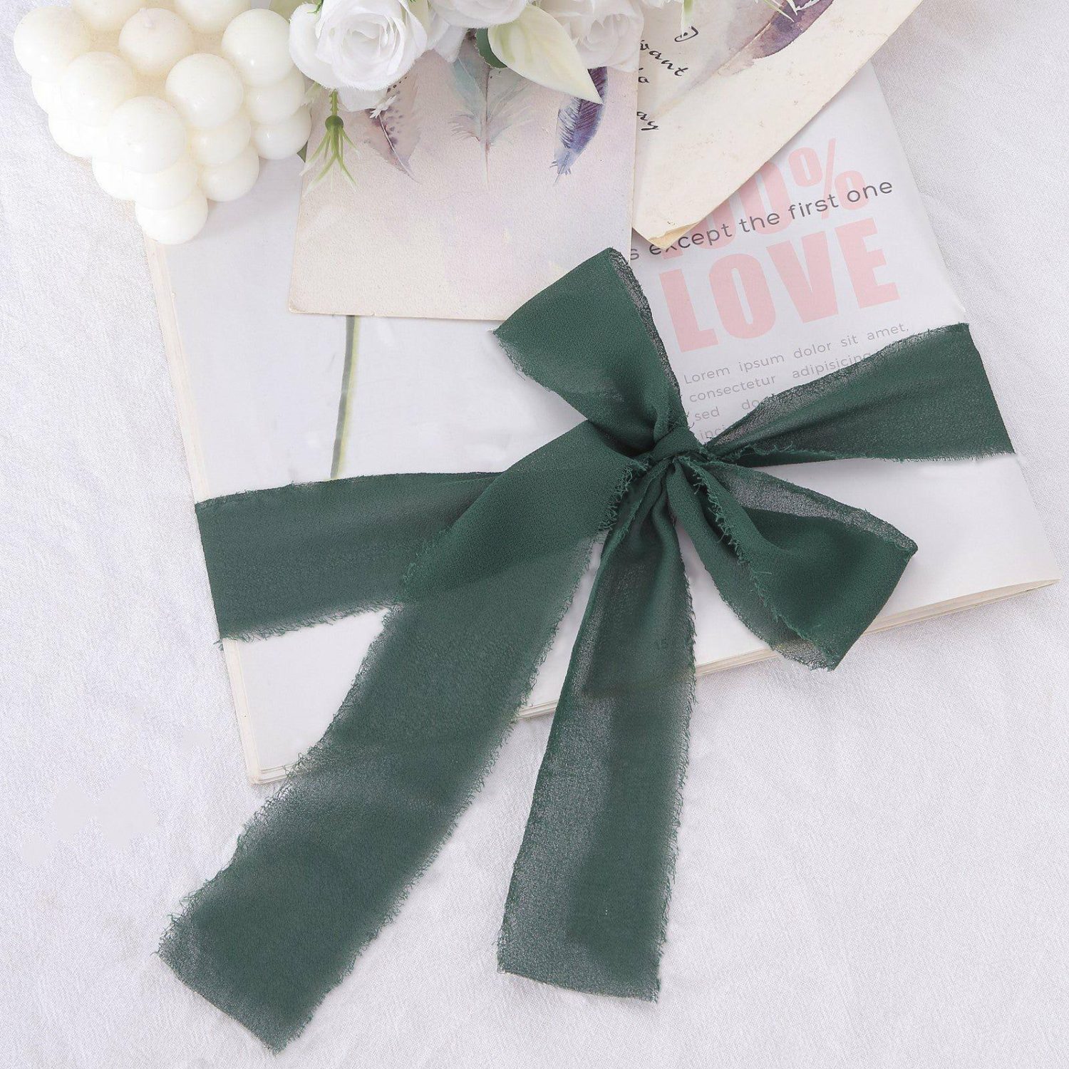 Bouquet Ribbons & Brooches | 2 Pack Hunter Emerald Green Silk-Like Chiffon Linen Ribbon Roll For Bouquets, Wedding Invitations Gift Wrapping 6yd Bouquet Ribbons & Brooches Bouquet Ribbons & Brooches