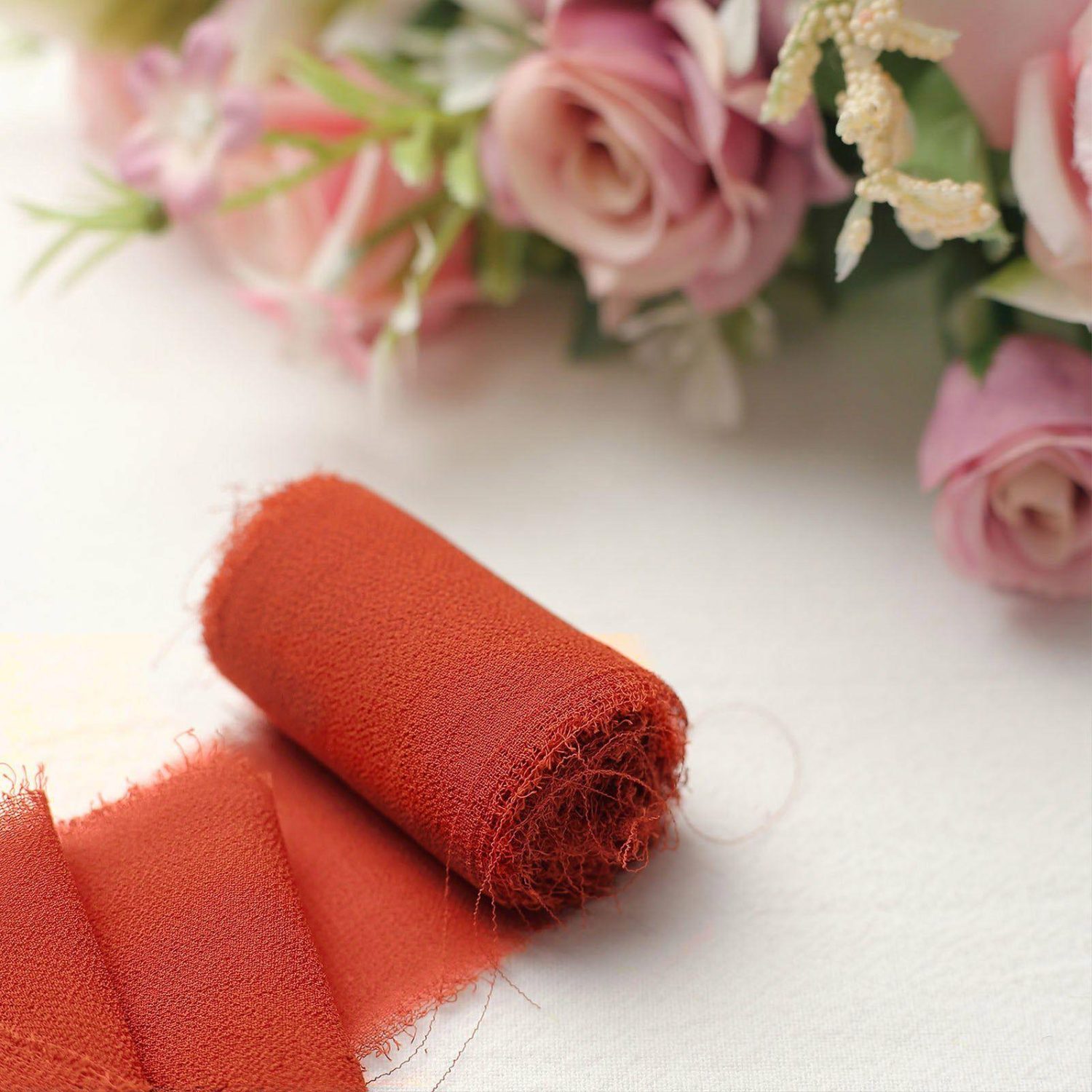 Bouquet Ribbons & Brooches | 2 Pack Terracotta (Rust) Silk-Like Chiffon Ribbon Roll, DIY Wedding Bouquet Linen Wrap 6yds Bouquet Ribbons & Brooches Bouquet Ribbons & Brooches