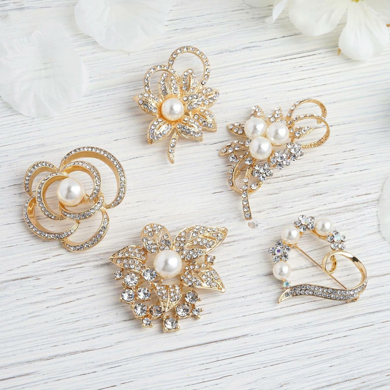 Bouquet Ribbons & Brooches | 5 Pack Assorted Gold Plated Pearl and Rhinestone Brooches Floral Sash Pin Brooch Bouquet Decor Bouquet Ribbons & Brooches Bouquet Ribbons & Brooches