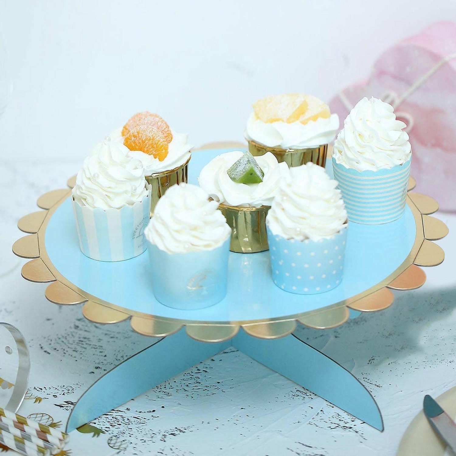 Cake Stand & Riser | 1-Tier Blue/Gold Cardboard Cupcake Dessert Cake Stand Holder 13″ Cake & Dessert Table Blue/Gold