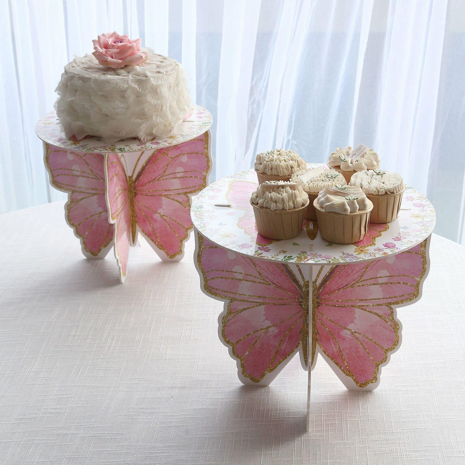 Cake Stand & Riser | 2 Pack White Pink Glitter Butterfly Cake Stands, Floral Print Foam Board Cupcake Dessert Holder Display Stands – 12″ Cake & Dessert Table Cake Stand & Riser