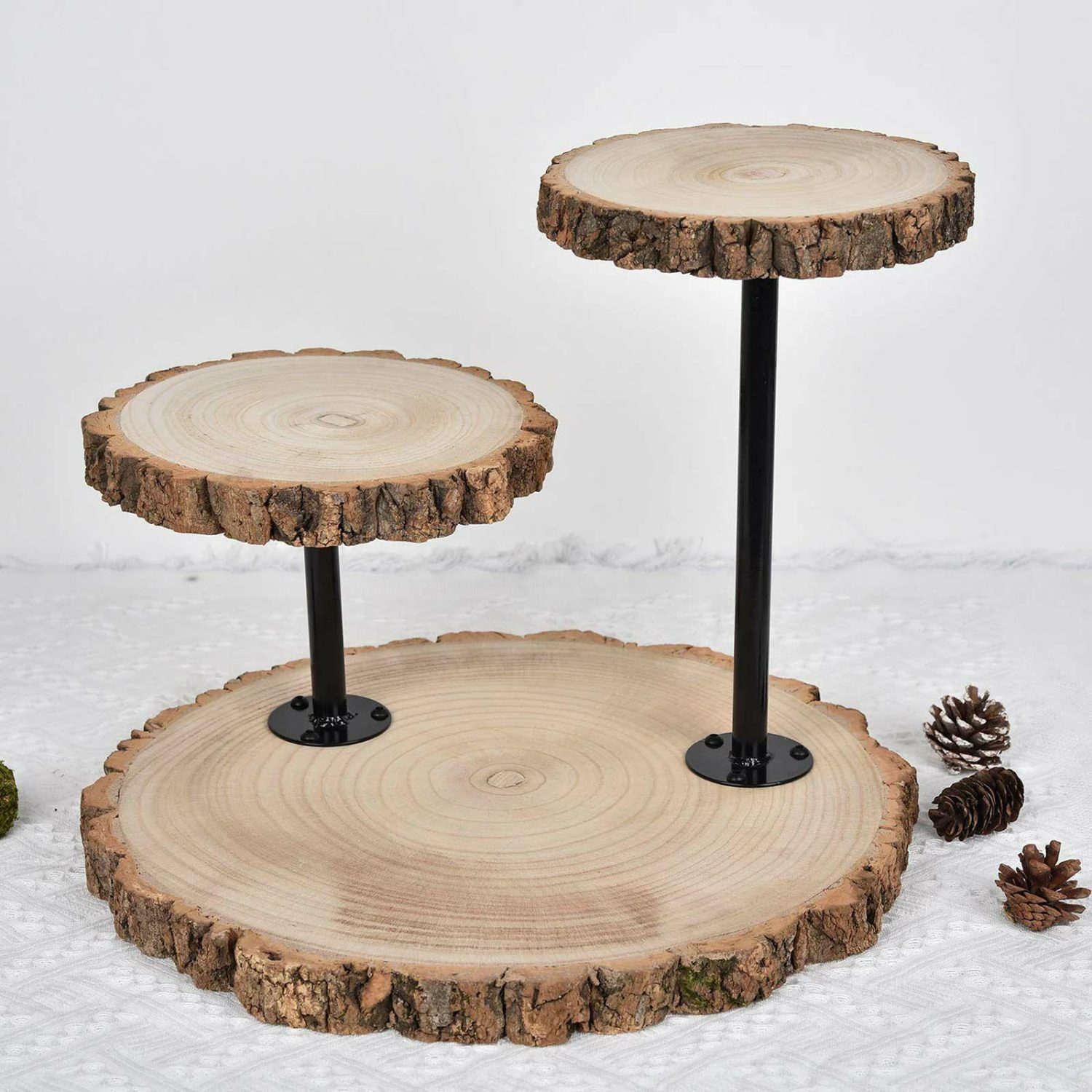 Cake Stand & Riser | 3-Tier Natural Wood Slice Cheese Board Cupcake Stand, Rustic Centerpiece – Assembly Tools Included 14″ Cake & Dessert Table 3 Tier Wood Stand