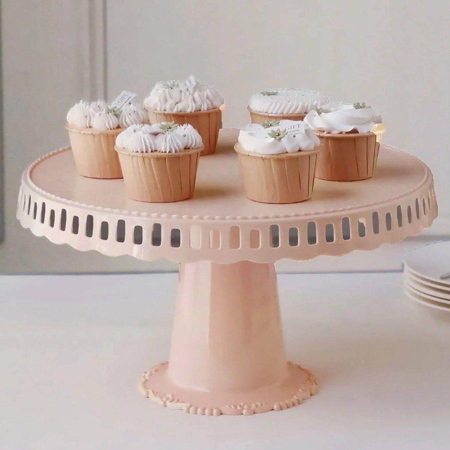 Cake Stand & Riser | 4 Pack Blush Round Pedestal Footed Reusable Plastic Cupcake Stands With Interchangeable Ribbon Trim Edge 13″ Cake & Dessert Table Blush