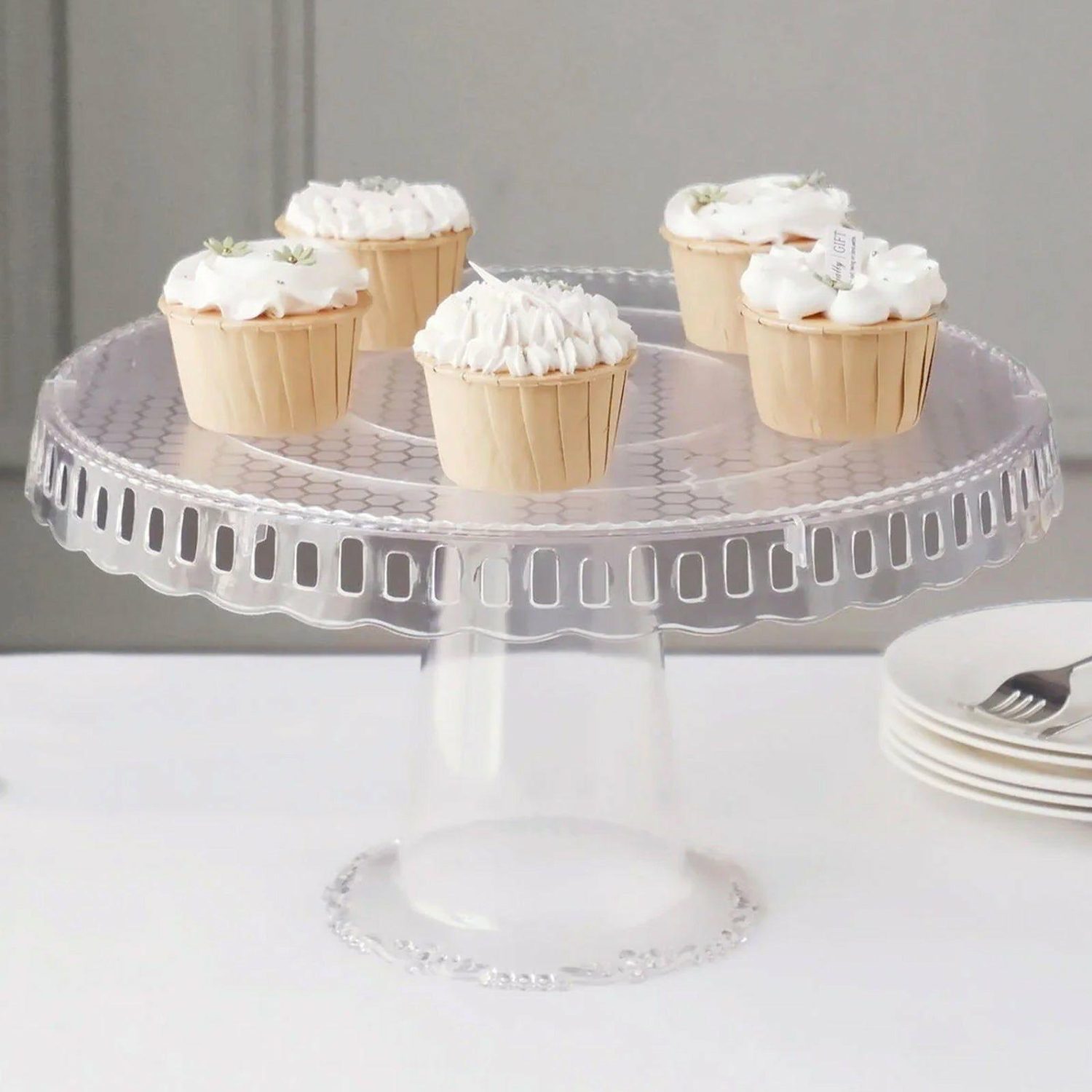 Cake Stand & Riser | 4 Pack Clear Round Pedestal Footed Reusable Plastic Cupcake Stands With Interchangeable Ribbon Trim Edge 13″ Cake & Dessert Table Cake Stand & Riser