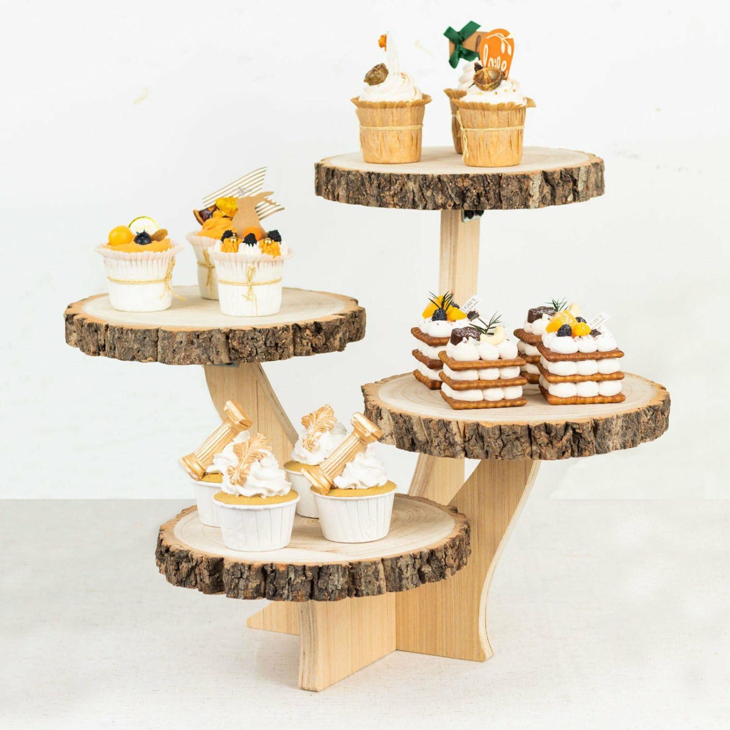 Cake Stand & Riser | 4-Tier Natural Farmhouse Style Wood Slice Cupcake Stand Holder, Rustic Dessert Display Cake Stand 15″ Tall Cake & Dessert Table 4 Tier Wood Stand