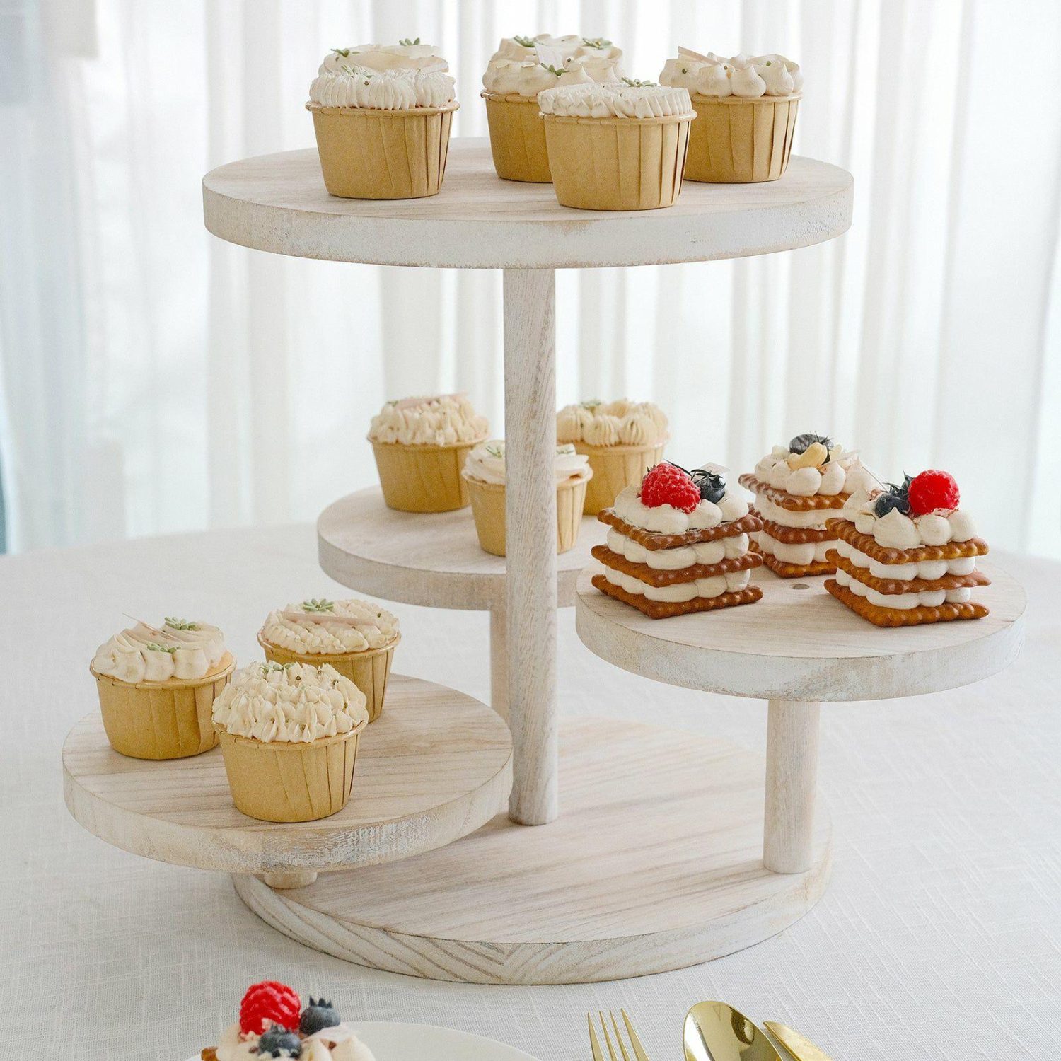 Cake Stand & Riser | 4-Tier Whitewash Wooden Cake Stand with Round Tiered Trays, Rustic Cupcake Tower Dessert Display Stand – 14″ Tall Cake & Dessert Table 4 Tier With Round Tiered Trays