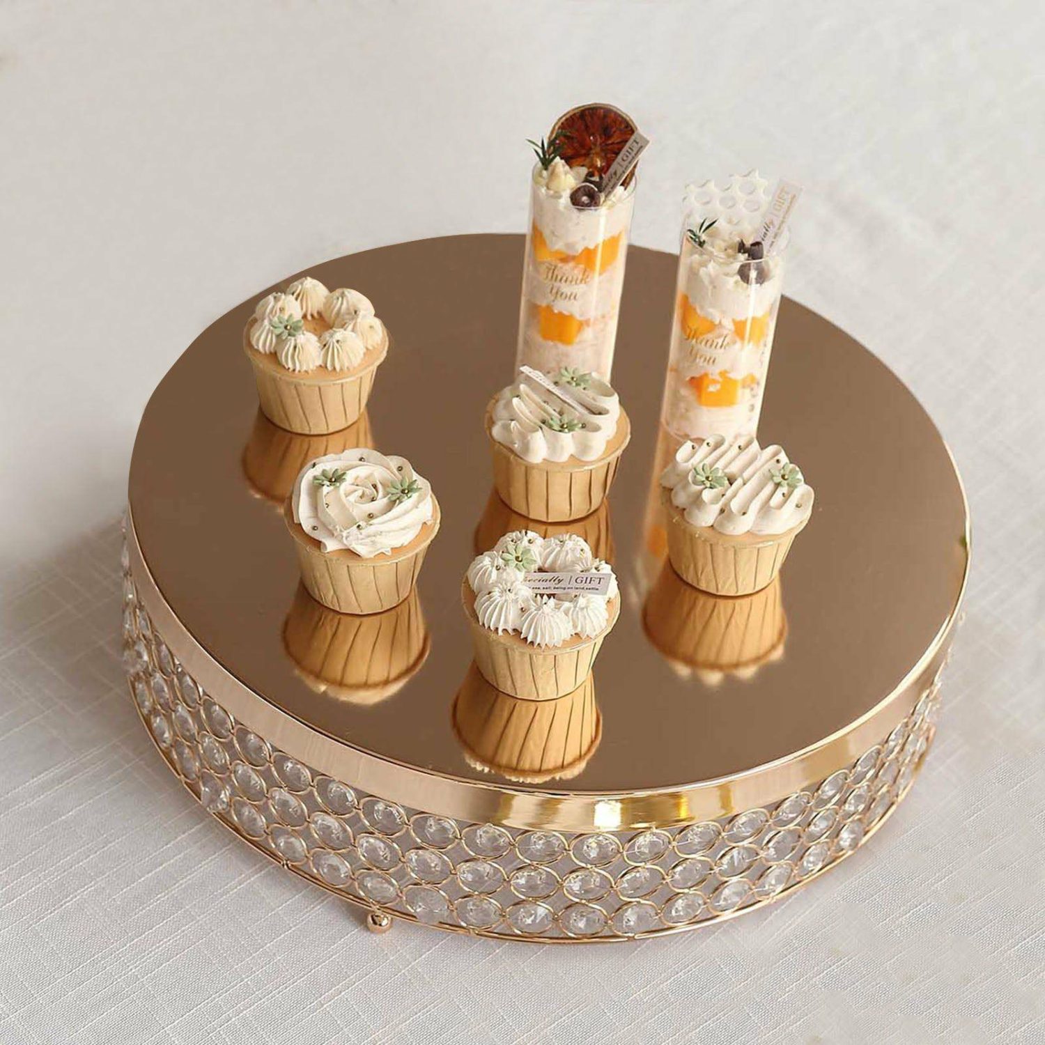 Cake Stand & Riser | Gold Crystal Beaded Metal Cake Stand Pedestal, Cupcake Display, Dessert Riser – 16″ Cake & Dessert Table Cake Stand & Riser