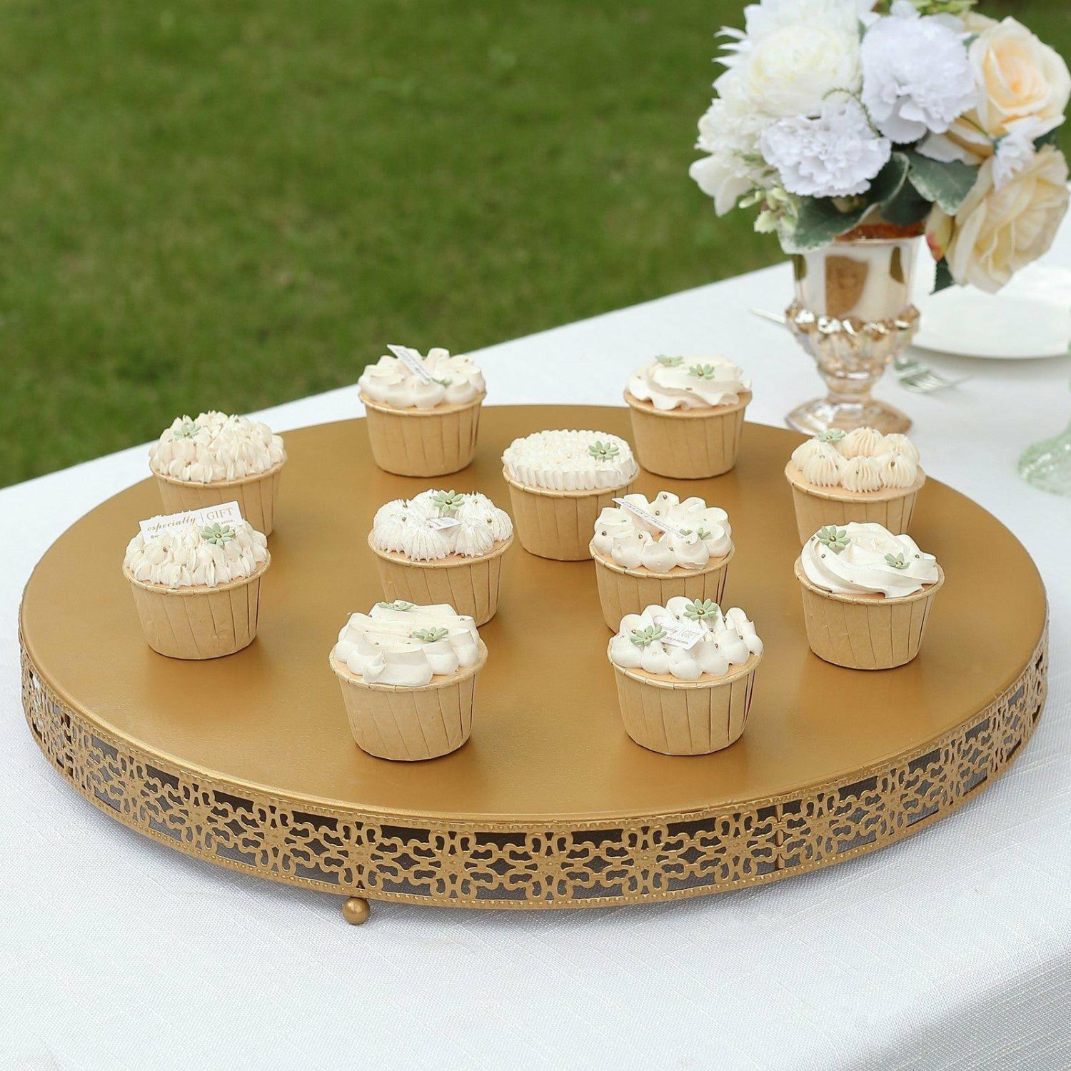 Cake Stand & Riser | Gold Metal Fleur De Lis Round Pedestal Cake Stands, Cupcake Dessert Display Stand Table Centerpiece – 20″ Cake & Dessert Table Cake Stand & Riser