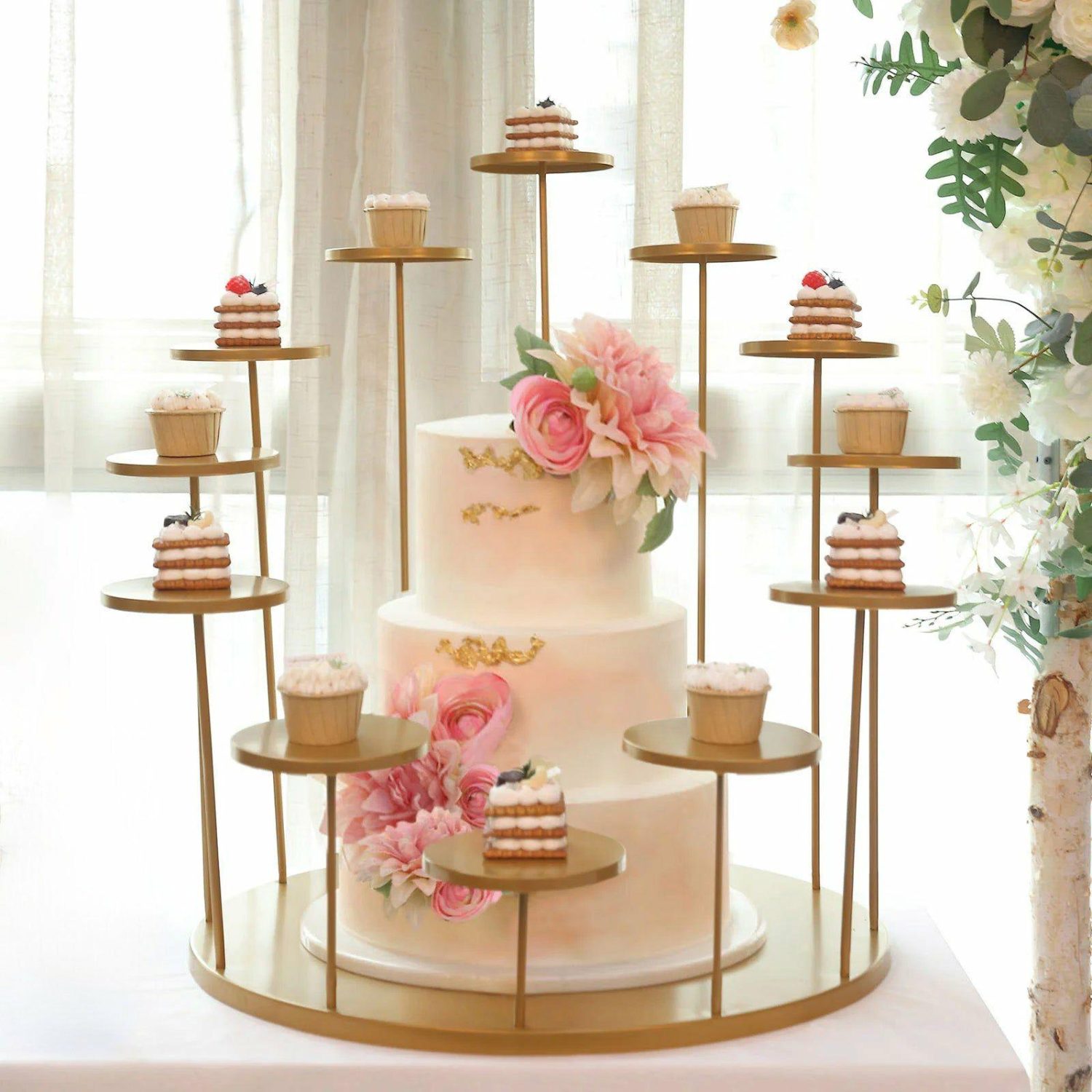 Cake Stand & Riser | Gold Metal Grand Cake Stand, 12-Arm Tiered Dessert Display Holder 29″ Tall Cake & Dessert Table Cake Stand & Riser