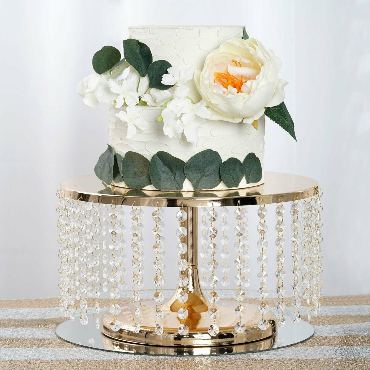 Cake Stand & Riser | Metallic Gold Cake Stand, Cupcake Dessert Pedestal With Crystal Chains 14″ Round 8″ Tall Cake & Dessert Table Cake Stand & Riser