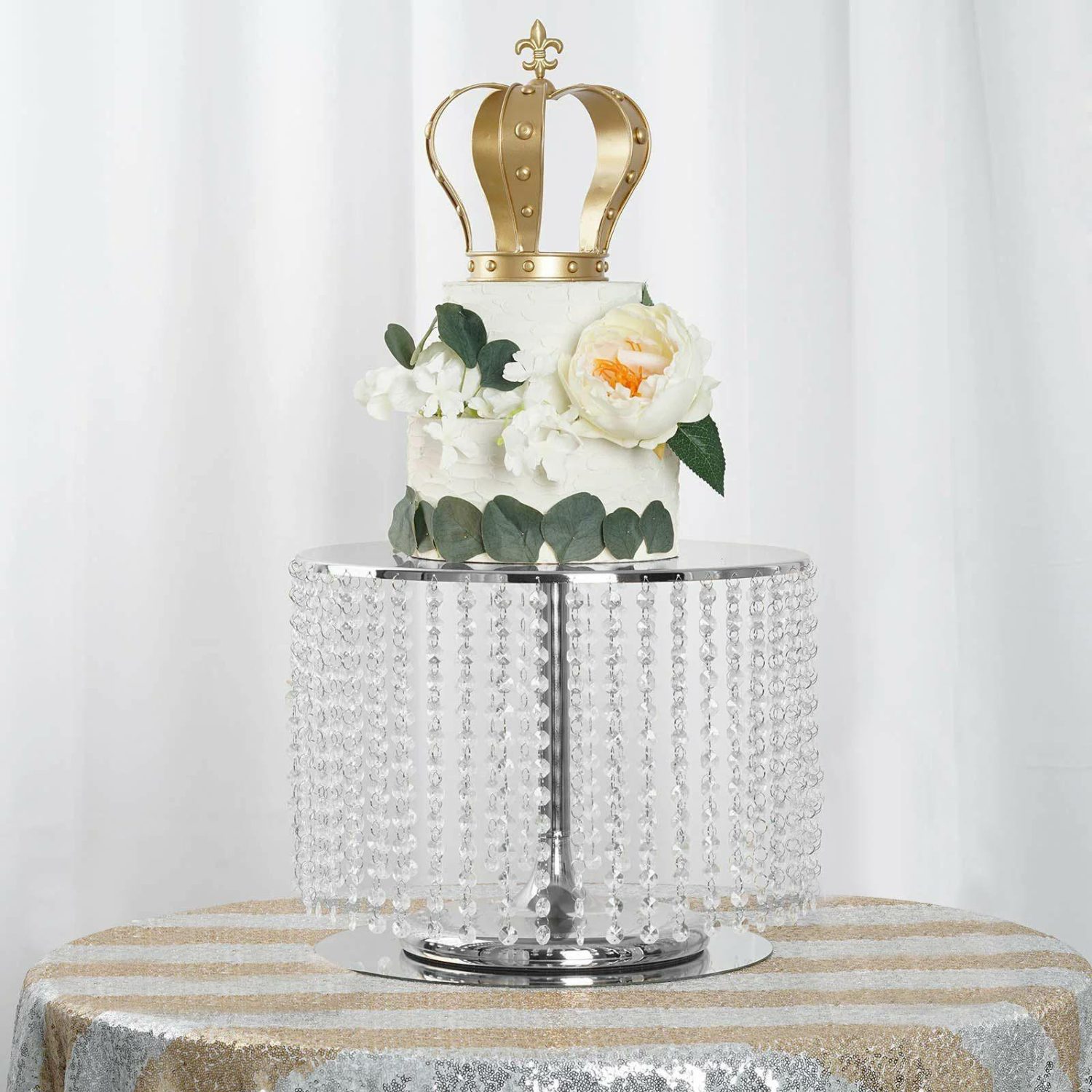 Cake Stand & Riser | Metallic Silver Cake Stand, Cupcake Dessert Pedestal With Crystal Chains 14″ Round 12″ Tall Cake & Dessert Table Cake Stand & Riser