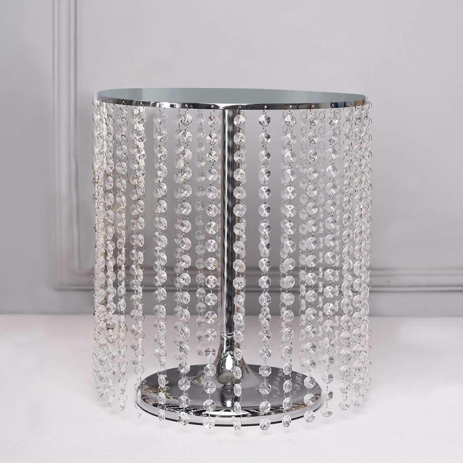 Cake Stand & Riser | Metallic Silver Cake Stand, Cupcake Dessert Pedestal With Crystal Chains 14″ Round 16″ Tall Cake & Dessert Table Cake Stand & Riser