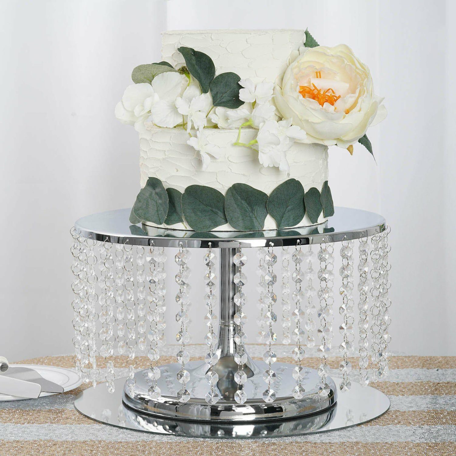 Cake Stand & Riser | Metallic Silver Cake Stand, Cupcake Dessert Pedestal With Crystal Chains 14″ Round 8″ Tall Cake & Dessert Table Cake Stand & Riser