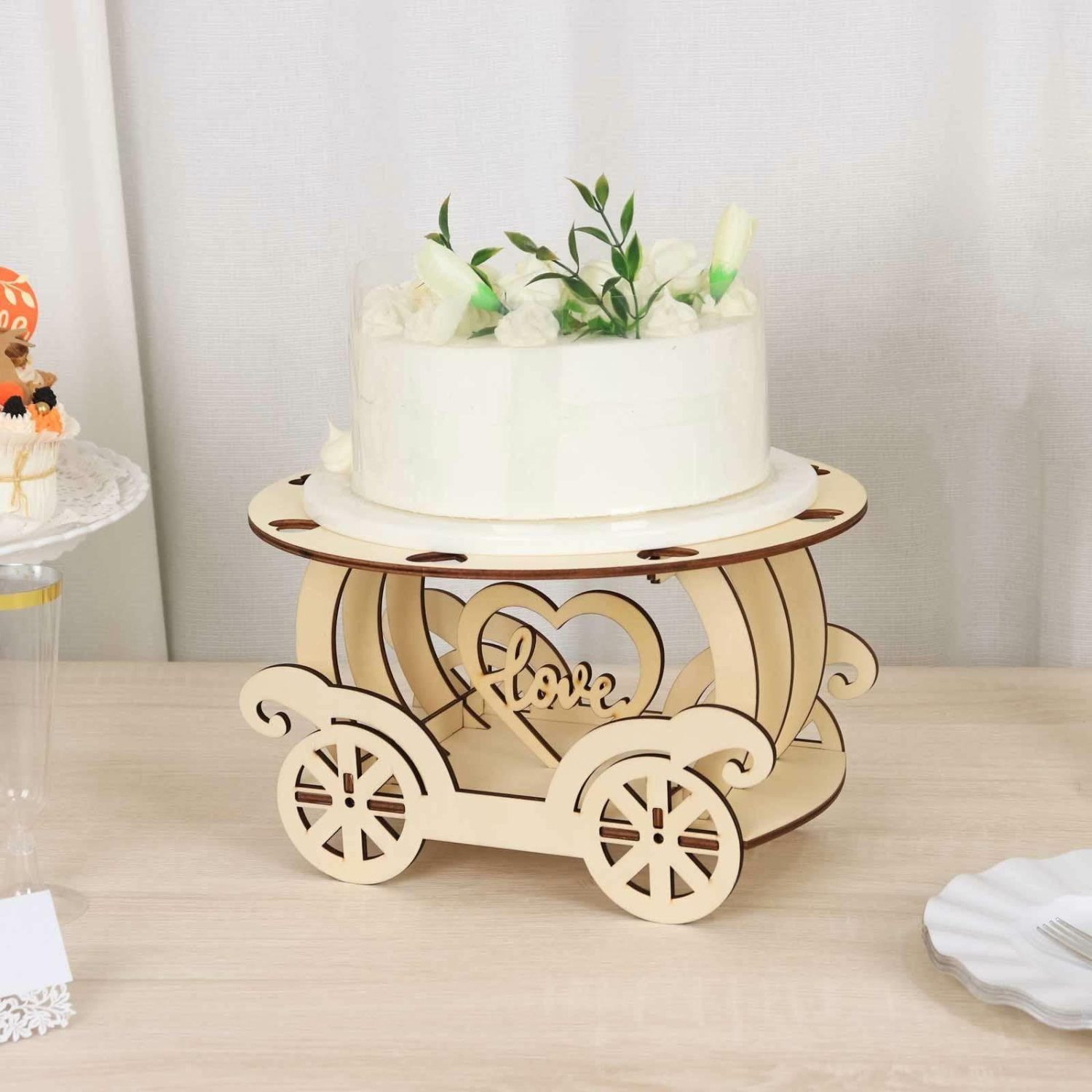 Cake Stand & Riser | Natural Wooden Carriage Wedding Cake Stand, Laser Cut Cupcake Holder with 12″ Round Display Plate Cake & Dessert Table Cake Stand & Riser