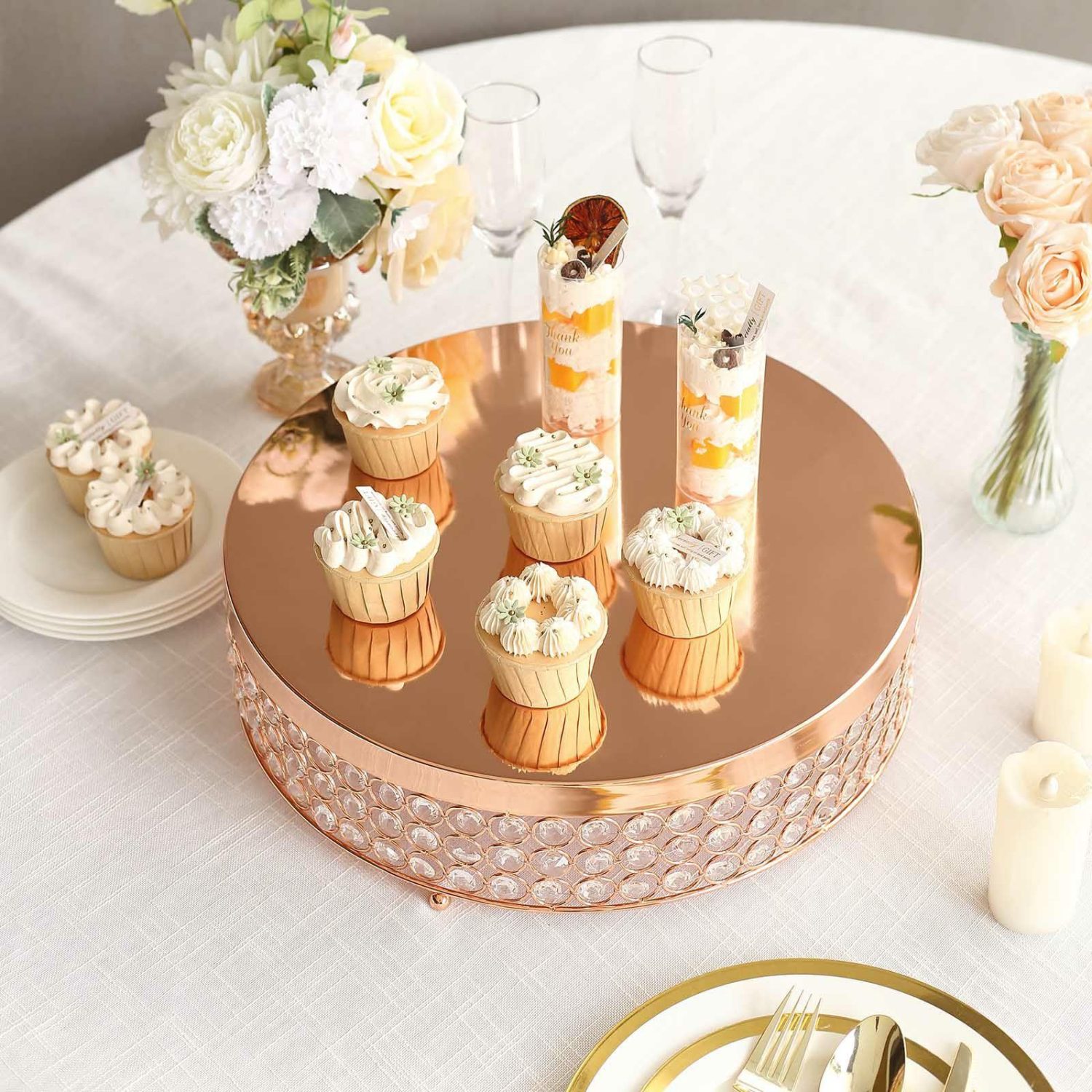 Cake Stand & Riser | Rose Gold Crystal Beaded Metal Cake Stand Pedestal, Cupcake Display, Dessert Riser – 16″ Cake & Dessert Table Cake Stand & Riser