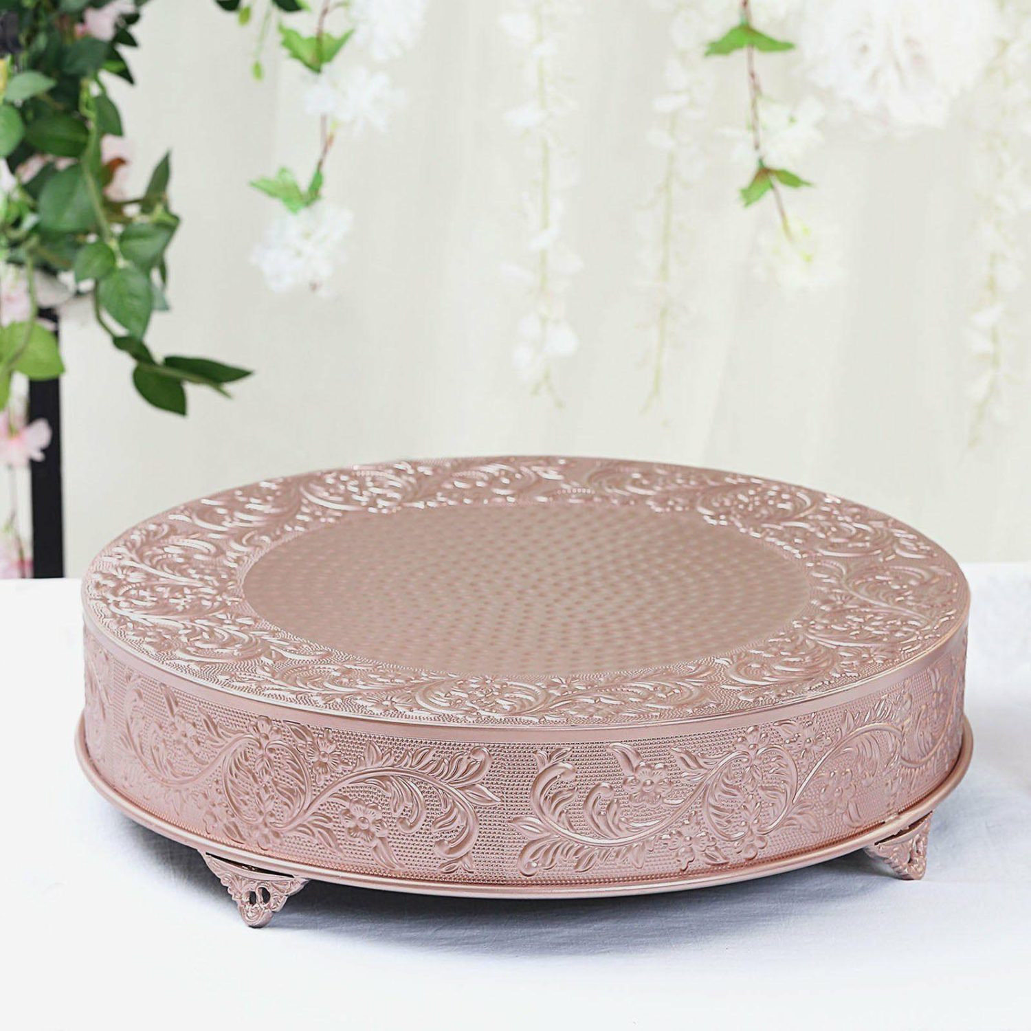 Cake Stand & Riser | Rose Gold Embossed Cake Stand Riser Matte Metal Cake Pedestal 22″ Round Cake & Dessert Table Cake Stand & Riser