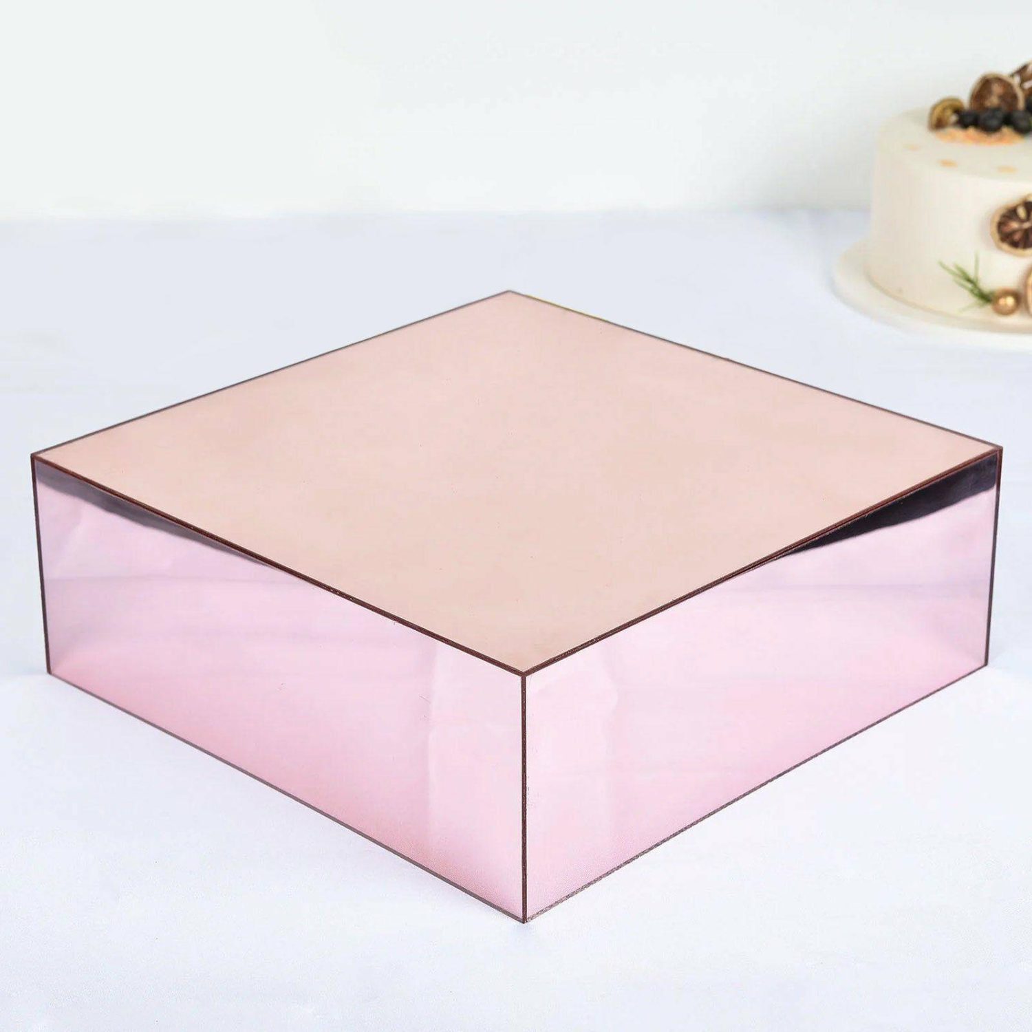 Cake Stand & Riser | Rose Gold Mirror Finish Acrylic Cake Box Stand, Display Box Pedestal Riser with Hollow Bottom 14″x14″ Cake & Dessert Table Cake Stand & Riser