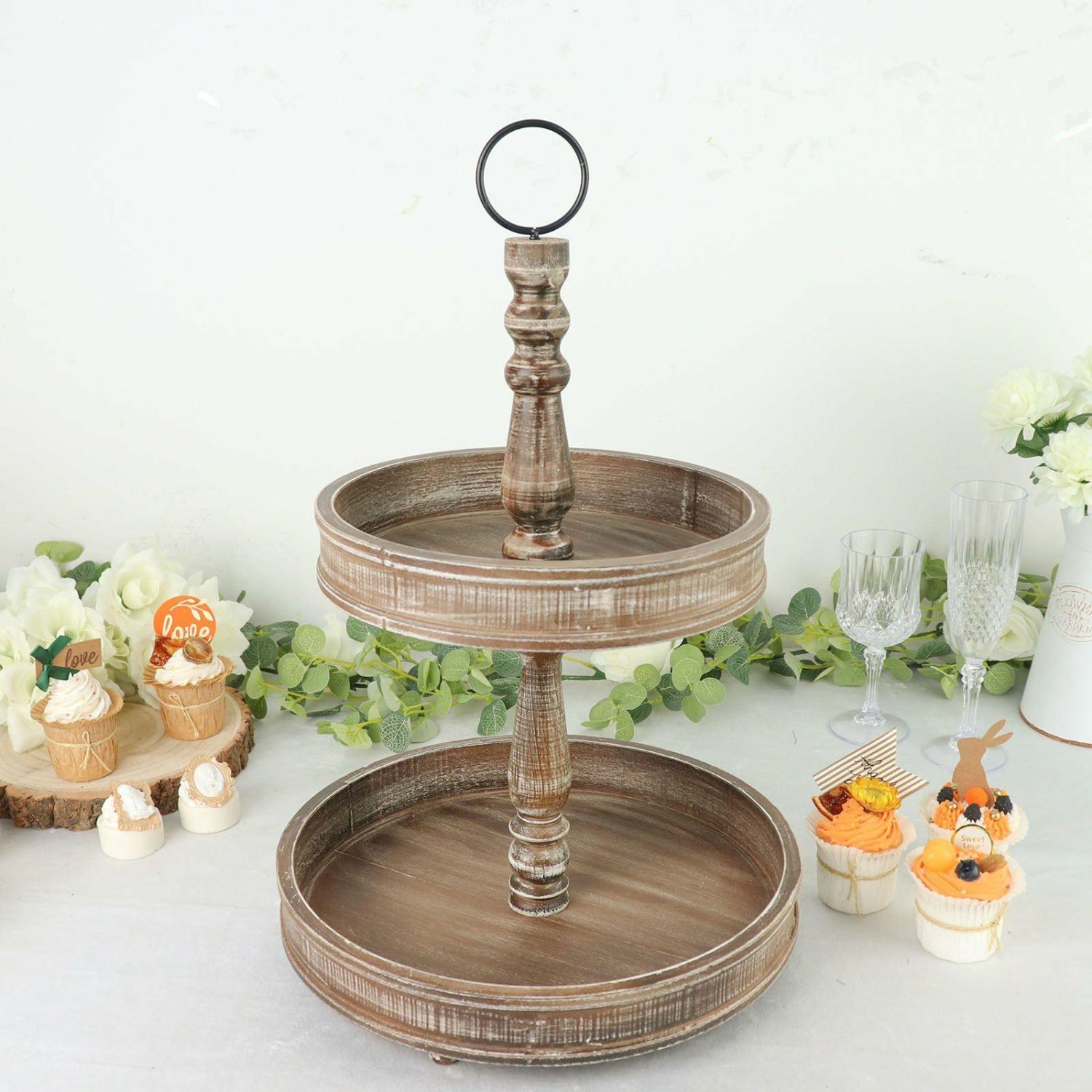 Cake Stand & Riser | Rustic Brown 2-Tier Wooden Serving Tray Stand, Farmhouse Style Cupcake Stand 20″ Cake & Dessert Table Cake Stand & Riser