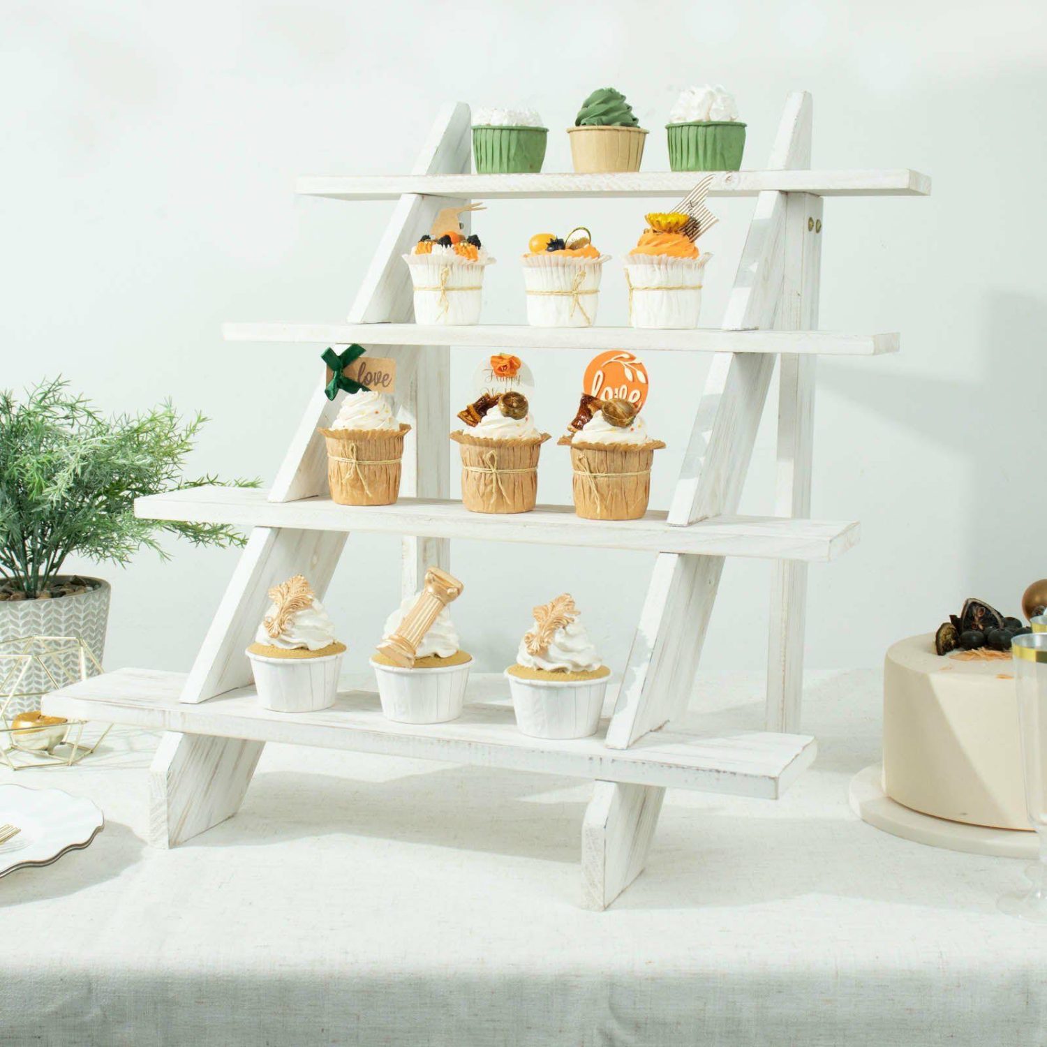 Cake Stand & Riser | Rustic Whitewashed 4-Tier Wooden Ladder Shelf Dessert Display, Cascading Stair Step Cupcake Holder Stand 21″ Cake & Dessert Table 4 Tier Stair Shelf