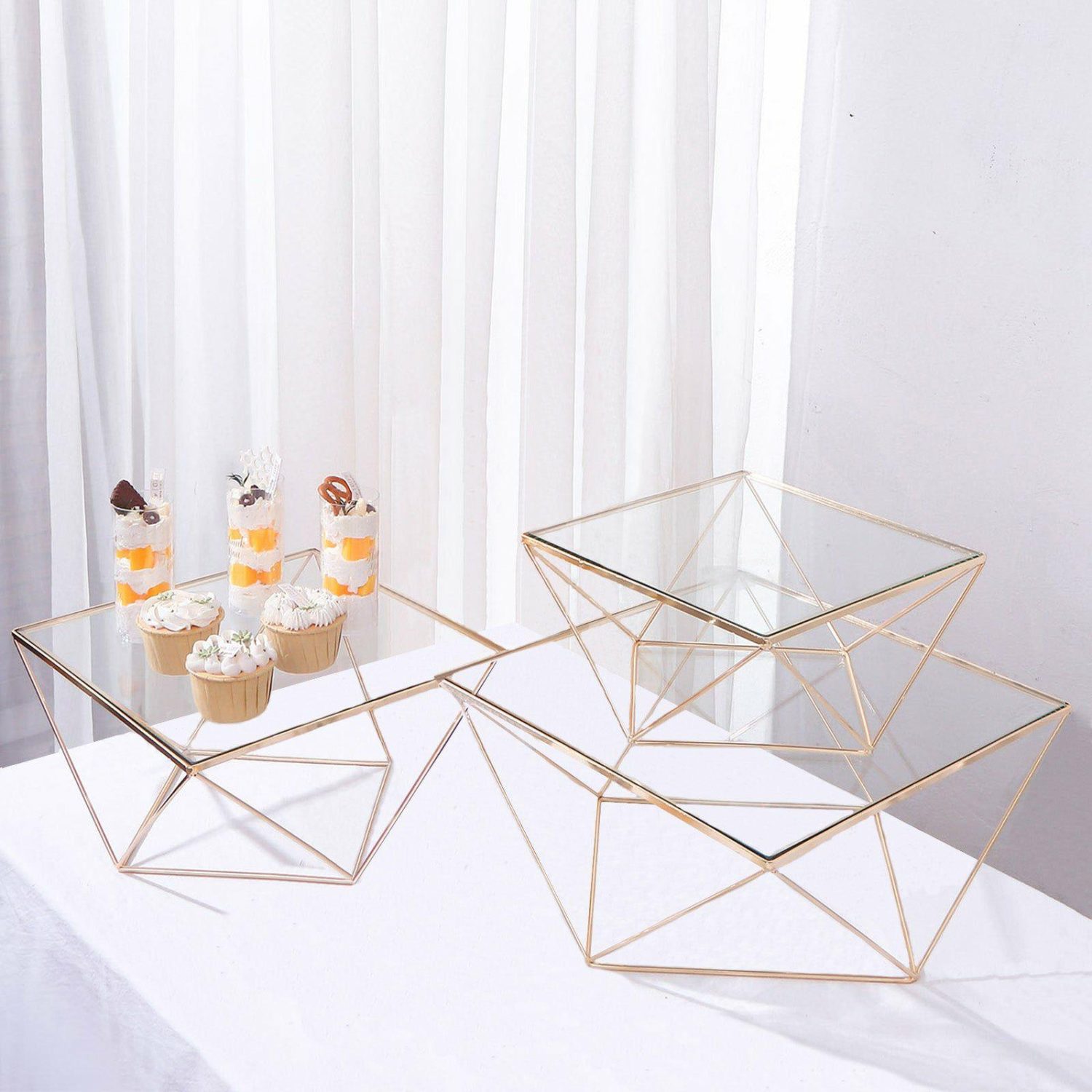 Cake Stand & Riser | Set of 3 Gold Metal Geometric Stackable Cake Dessert Stand Pedestals with Square Glass Top Cake & Dessert Table Cake Stand & Riser