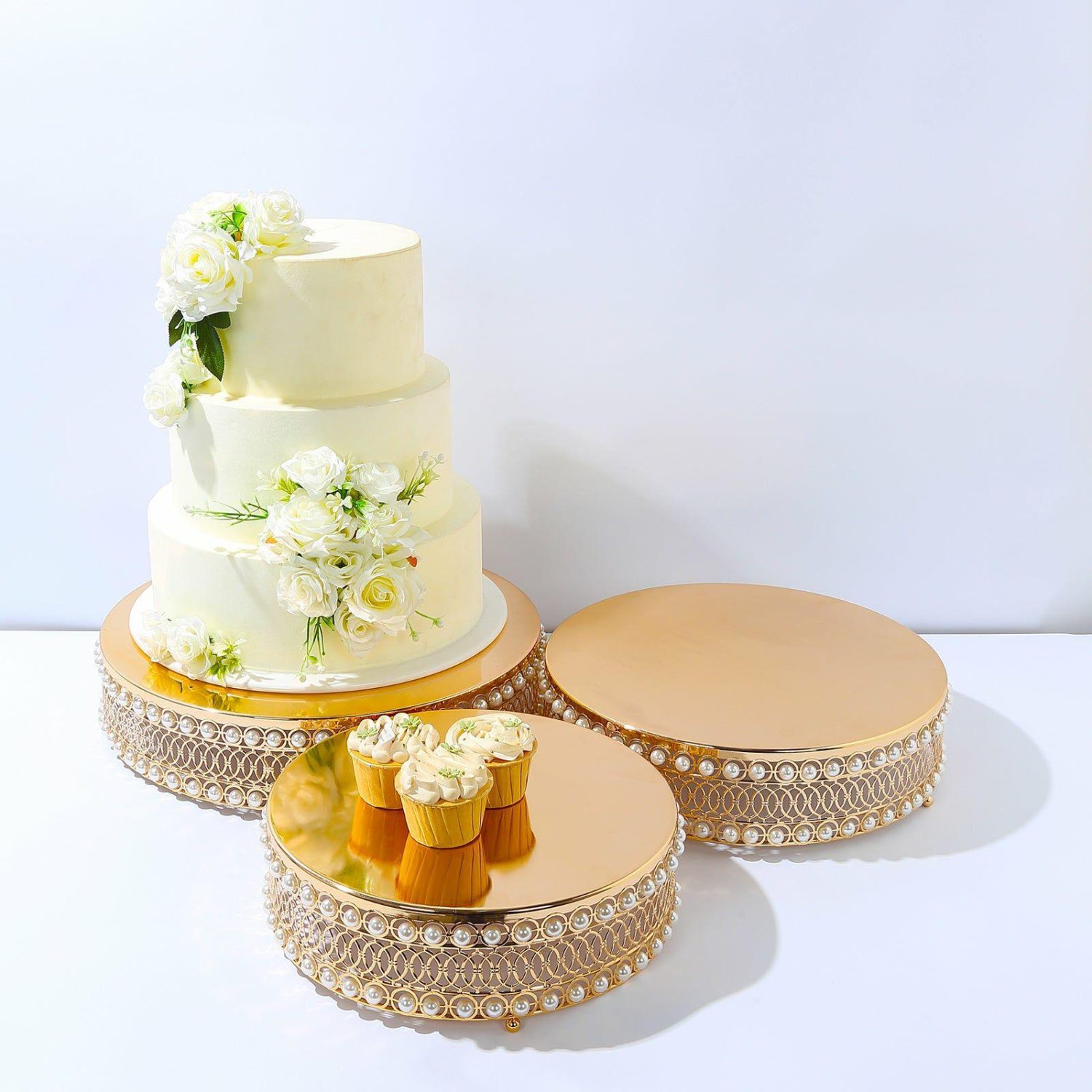 Cake Stand & Riser | Set of 3 Pearl Beaded Gold Metal Cake Stands with Mirror Top, Stackable Round Cupcake Holder Dessert Display Stands – 12″,14″,16″ Cake & Dessert Table Cake Stand & Riser