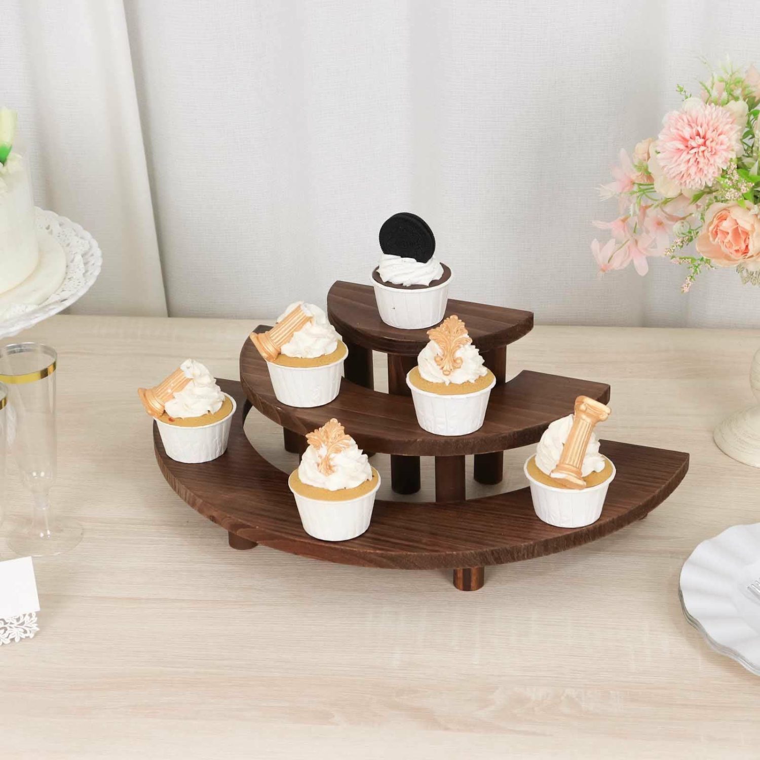 Cake Stand & Riser | Set of 3 Rustic Brown Wood 3-Tier Semicircle Dessert Pedestals, Half Moon Cupcake Display Risers 7″, 13″, 18″ Cake & Dessert Table Cake Stand & Riser