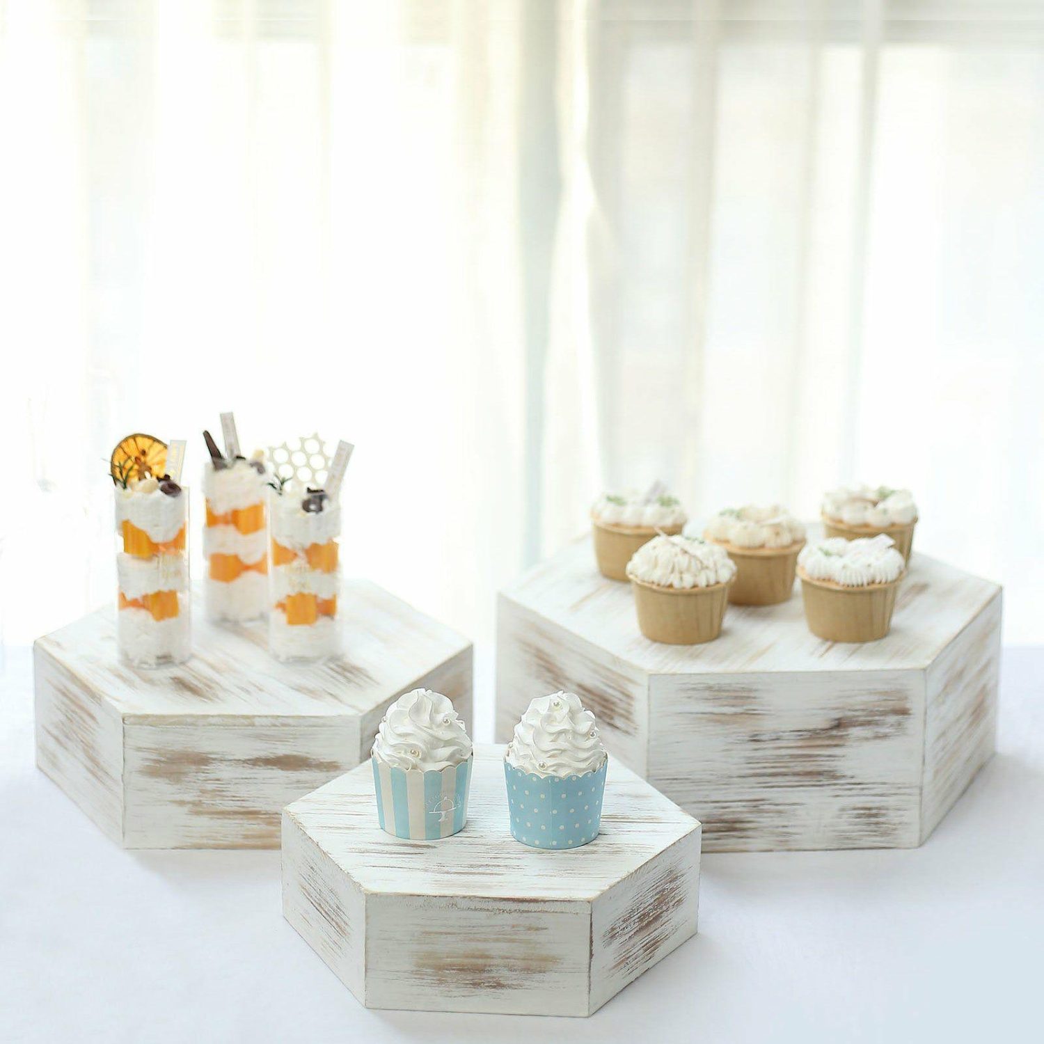 Cake Stand & Riser | Set of 3 Whitewashed Hexagonal Wooden Dessert Holder Display Boxes, Stackable Riser Cake Stand 9″, 11″, 13″ Cake & Dessert Table Cake Stand & Riser