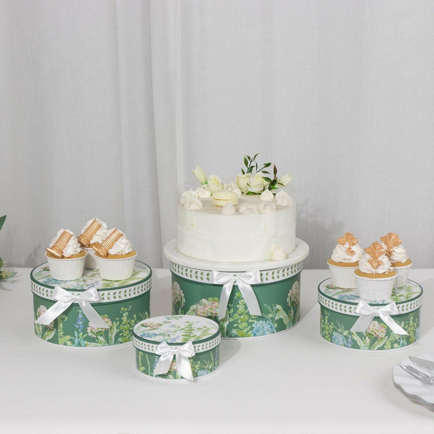 Cake Stand & Riser | Set of 4 Greenery Theme Nesting Gift Boxes With Lids, Round Stackable Heavy Duty Cardstock Keepsake Boxes, Cupcake Dessert Display Stand – 5″,7″,8″,9″ Cake & Dessert Table Cake Stand & Riser