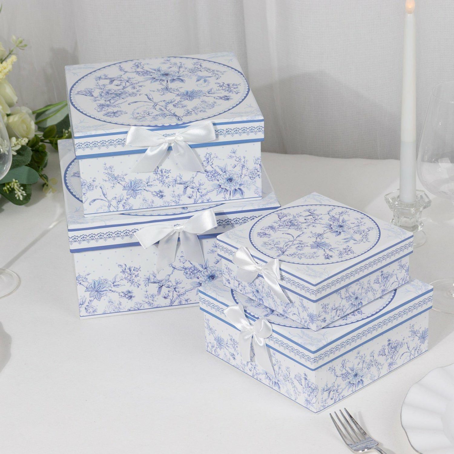 Cake Stand & Riser | Set of 4 White Blue Chinoiserie Nesting Gift Boxes With Lids, Square Stackable Heavy Duty Cardstock Keepsake Boxes, Cupcake Dessert Display Stand – 6″,7″,8″,9″ Cake & Dessert Table Blue Chinoiserie