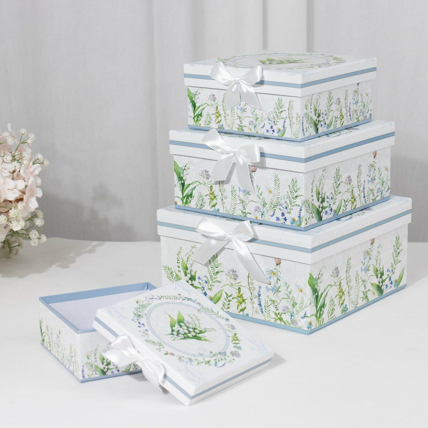 Cake Stand & Riser | Set of 4 White Green Floral Nesting Gift Boxes With Lids, Square Stackable Heavy Duty Cardstock Keepsake Boxes, Cupcake Dessert Display Stand – 6″,7″,8″,9″ Cake & Dessert Table Cake Stand & Riser