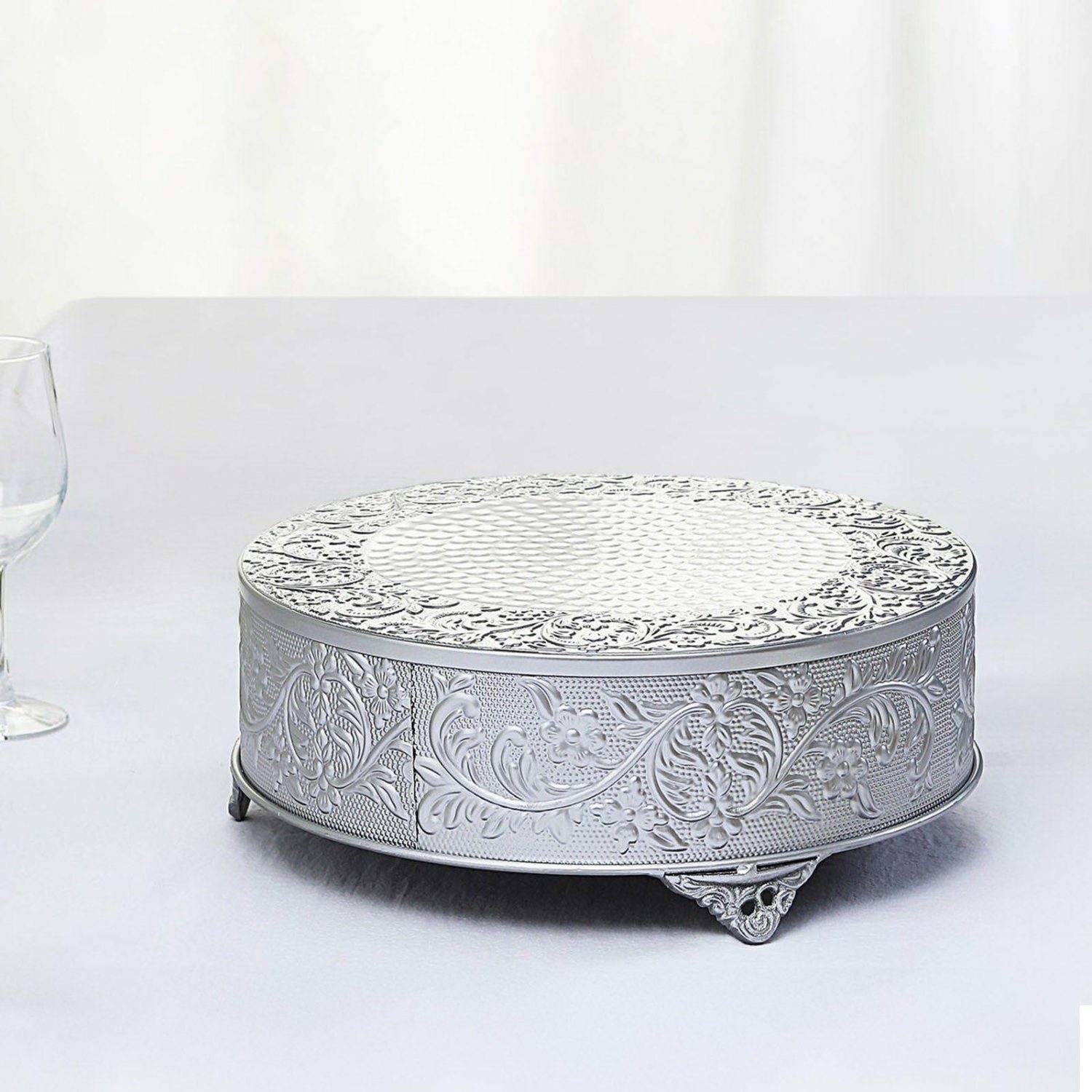 Cake Stand & Riser | Silver Embossed Cake Stand Riser, Matte Metal Cake Pedestal 14″ Round Cake & Dessert Table Cake Stand & Riser