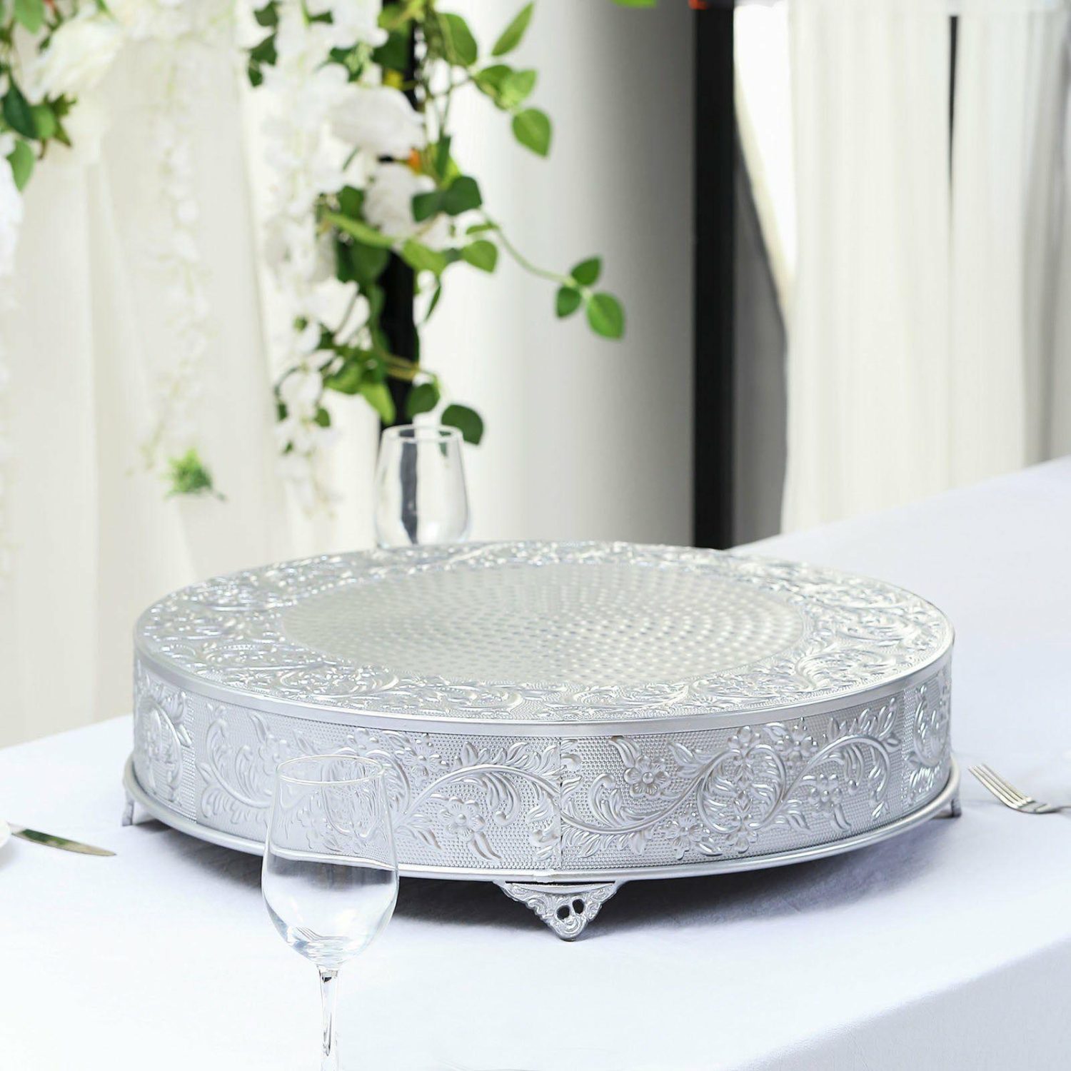 Cake Stand & Riser | Silver Embossed Cake Stand Riser Matte Metal Cake Pedestal 22″ Round Cake & Dessert Table Cake Stand & Riser