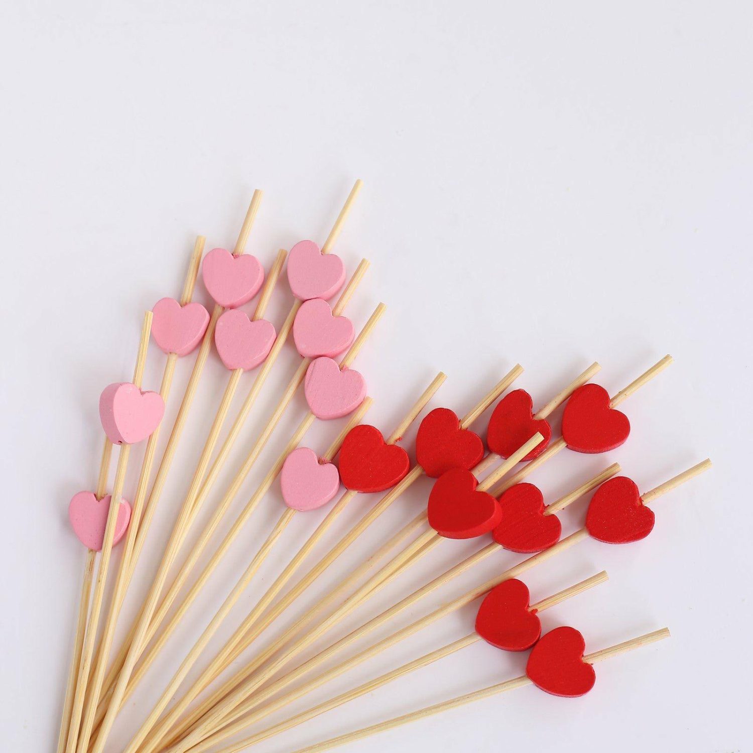 Cake Toppers | 100 Pack Red Pink Biodegradable Bamboo Heart Skewers Cocktail Sticks, Eco Friendly Fruit Appetizer Party Picks – 5″ Cake & Dessert Table Cake Toppers