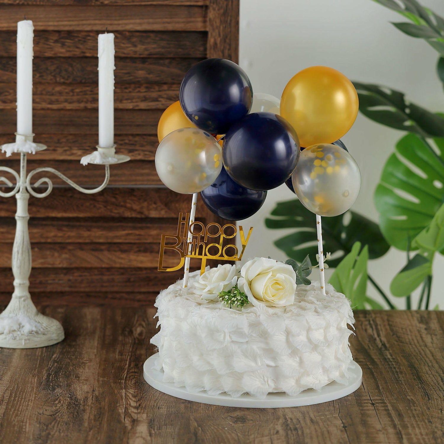 Cake Toppers | 11 Pcs Confetti Balloon Cake Topper Kit, Mini Balloon Garland Cloud Cake Decorations – Clear, Gold and Navy Blue Cake & Dessert Table Cake Toppers