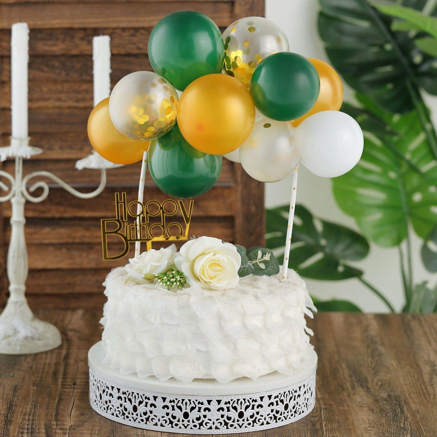 Cake Toppers | 14 Pcs Confetti Balloon Garland Cloud Cake Topper, Mini Cake Decorations – Clear, Gold, Hunter Green and White Cake & Dessert Table Cake Toppers