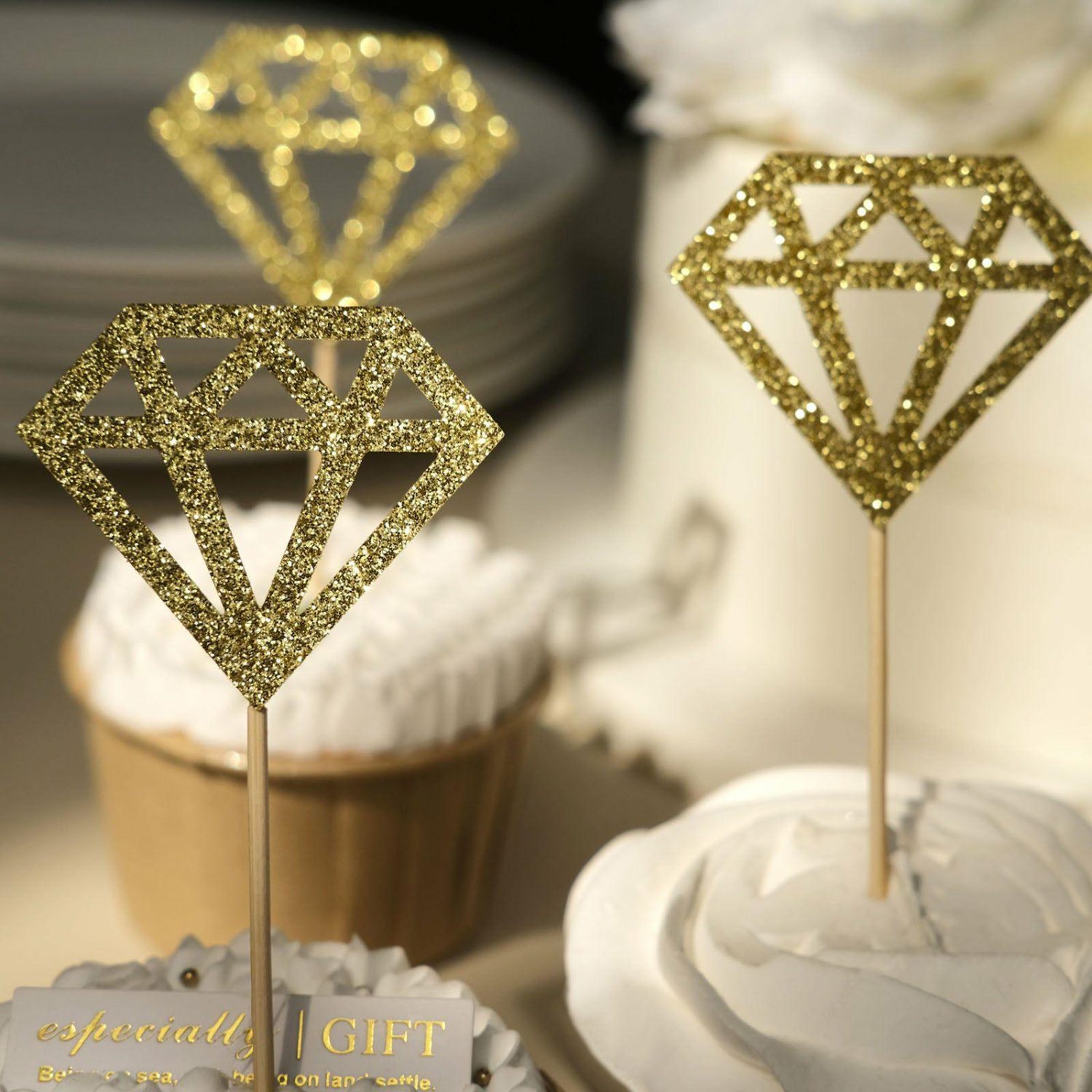 Cake Toppers | 24 Pack Glitter Gold Diamond Ring Cupcake Toppers, Party Cake Picks, Engagement Party Decoration Supplies Cake & Dessert Table Cake Toppers